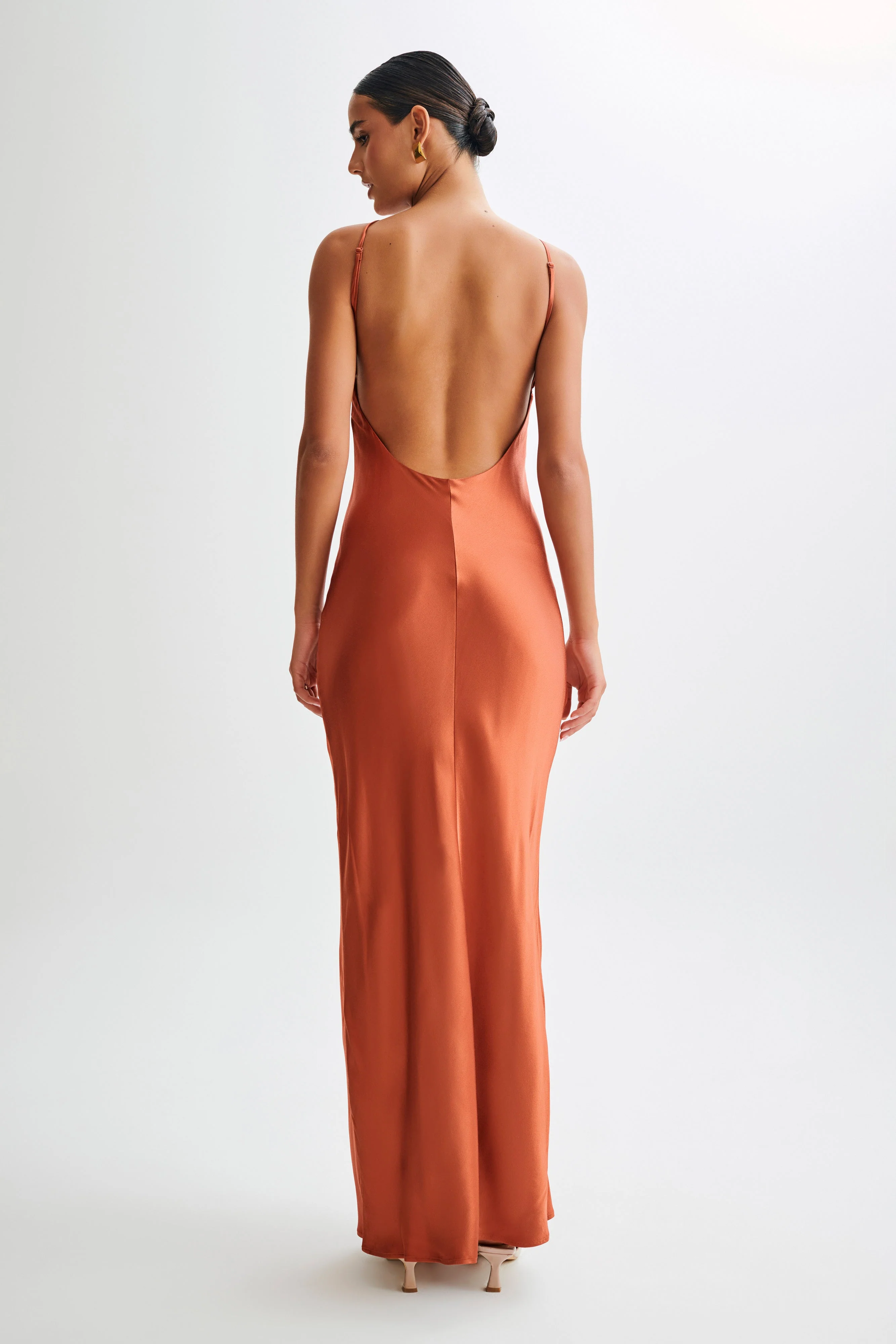 MESHKI Lucia Satin Cut Out Maxi Dress - Burnt Orange