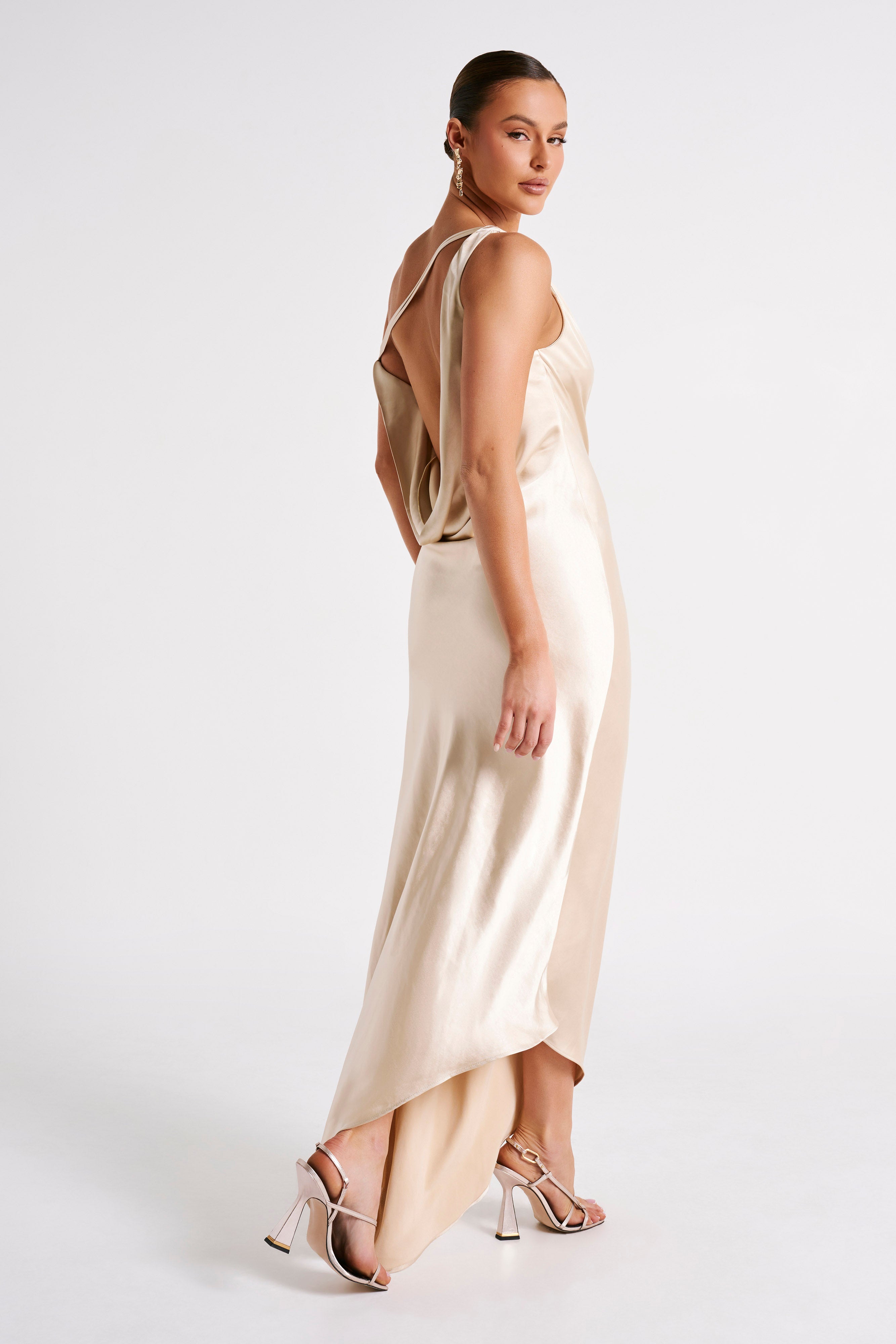 MESHKI Yvette Slip Maxi Dress With Asymmetrical Hem - Gold