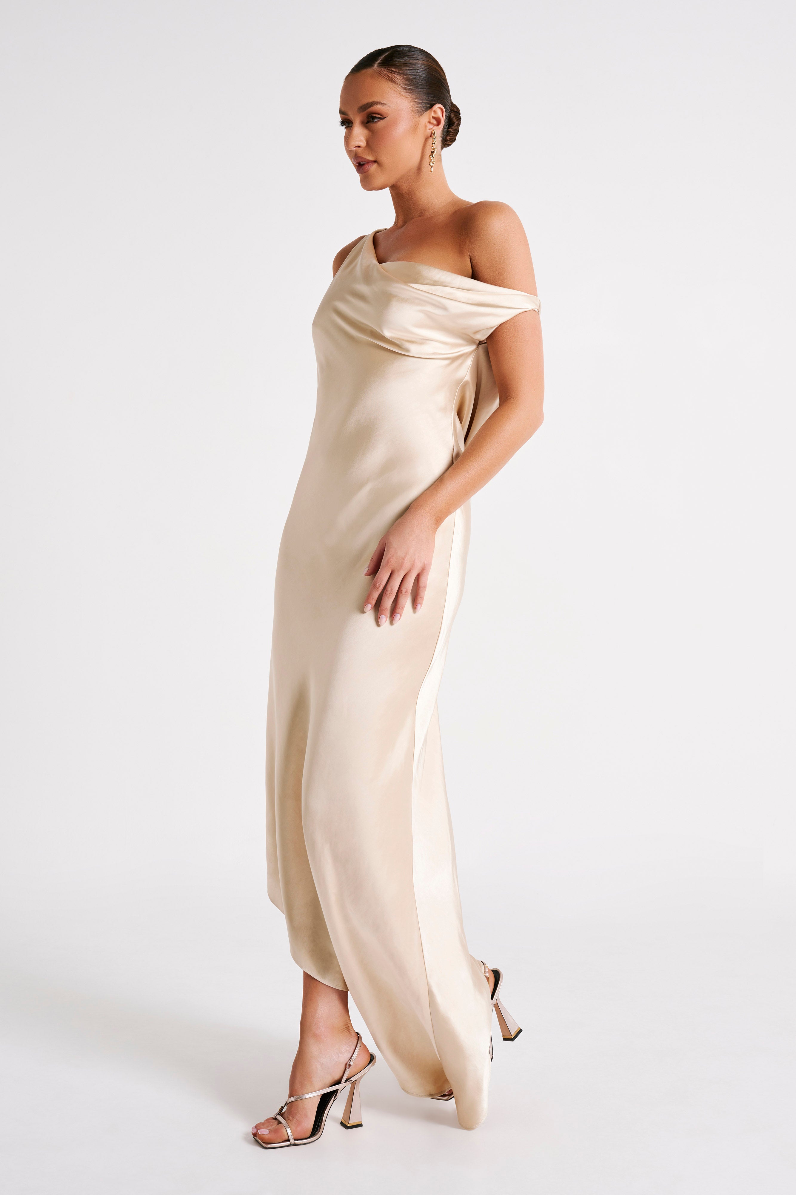 MESHKI Yvette Slip Maxi Dress With Asymmetrical Hem - Gold