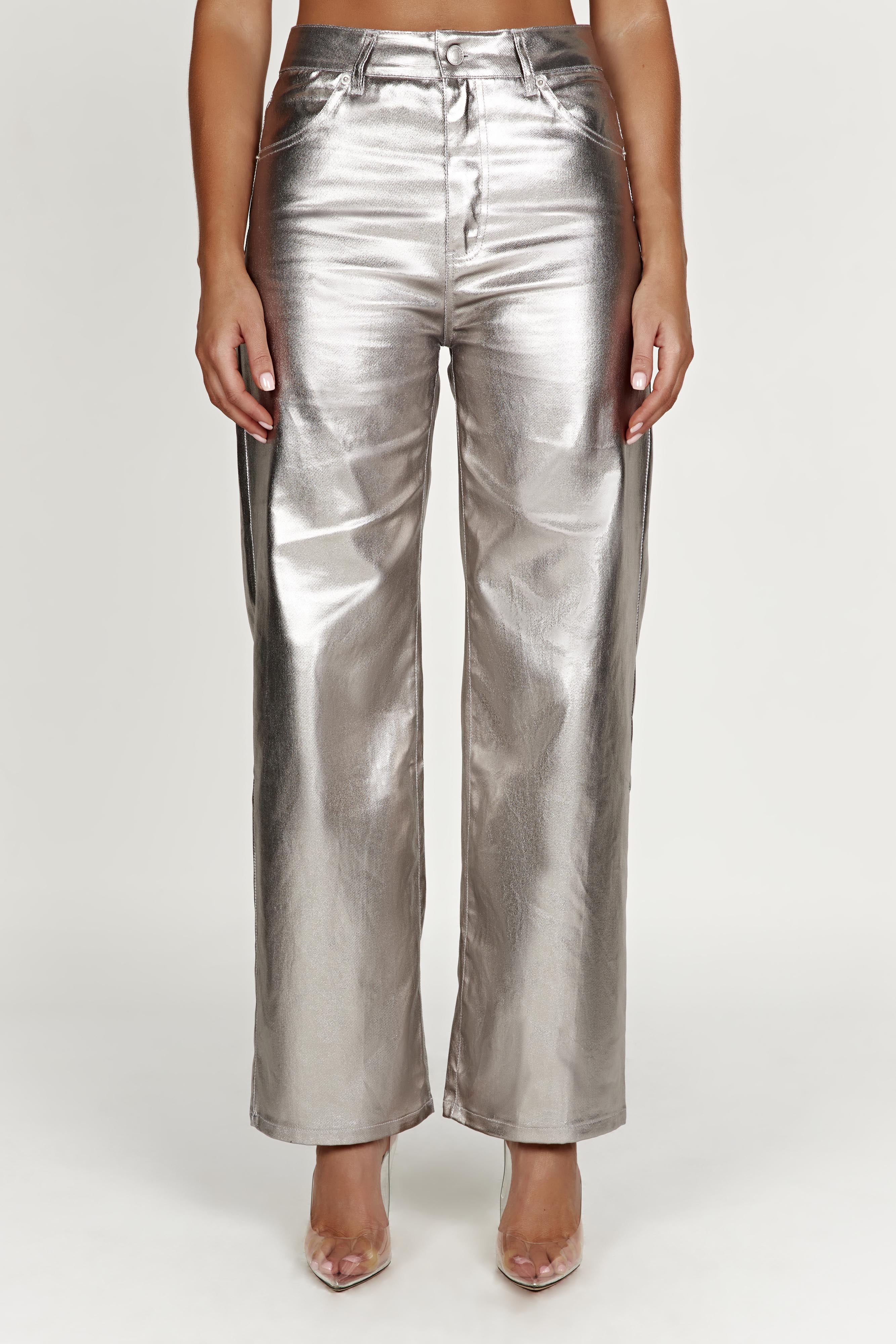 MESHKI Minnie Metallic Straight Jean - Silver