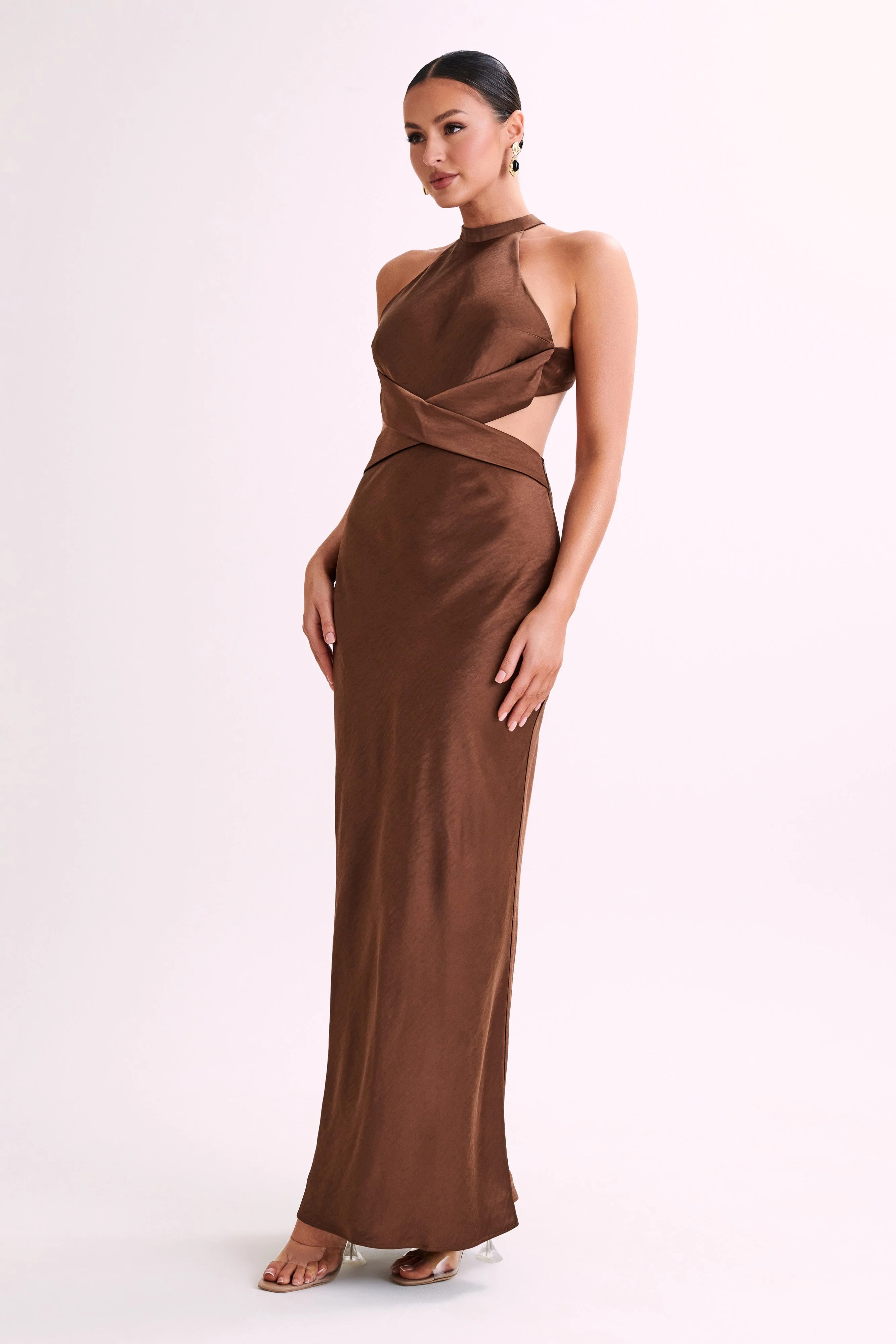 MESHKI Nalani Satin Halter Maxi Dress - Chocolate