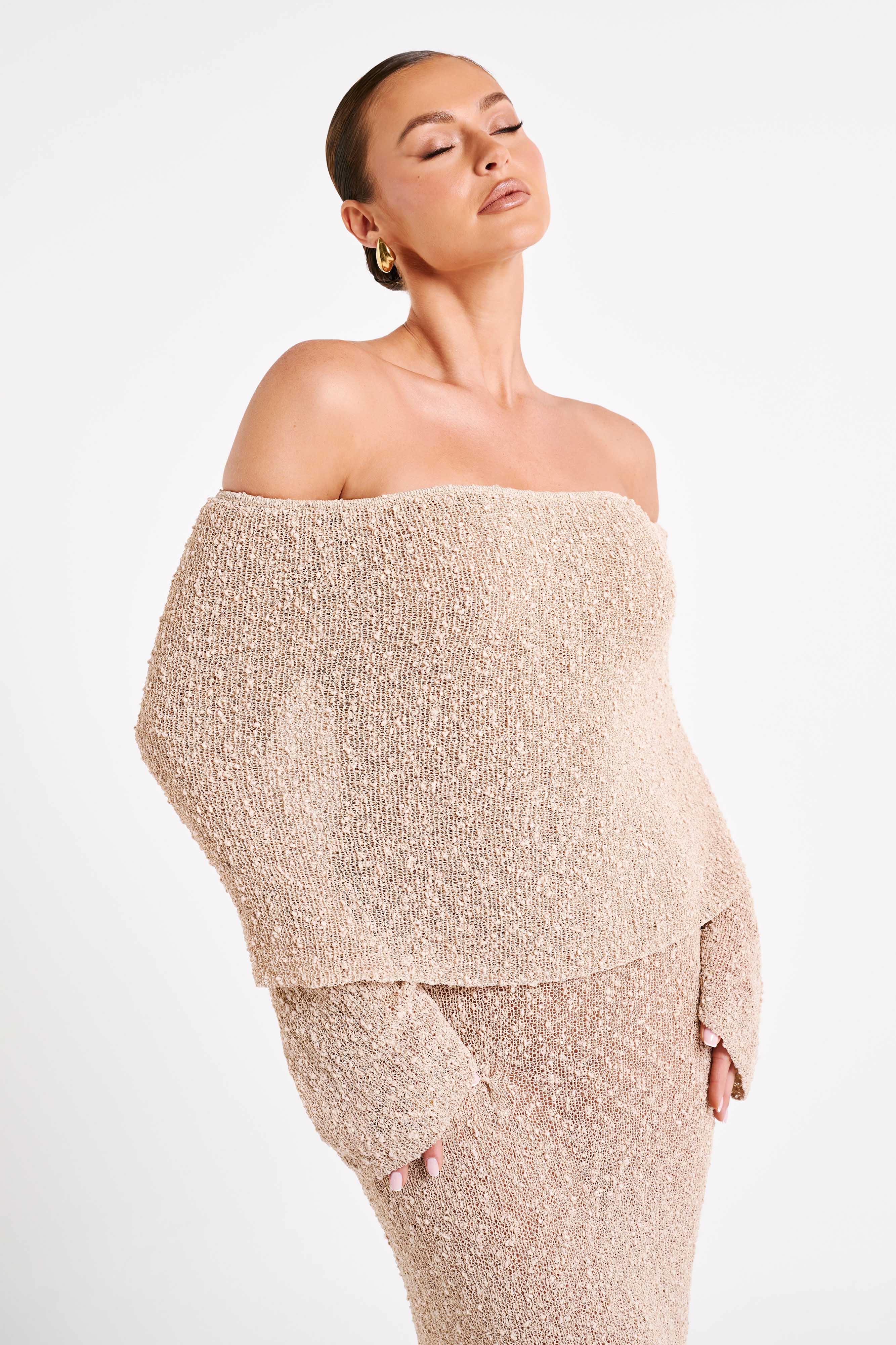 MESHKI Marisol Off Shoulder Boucle Maxi Dress - Wheat