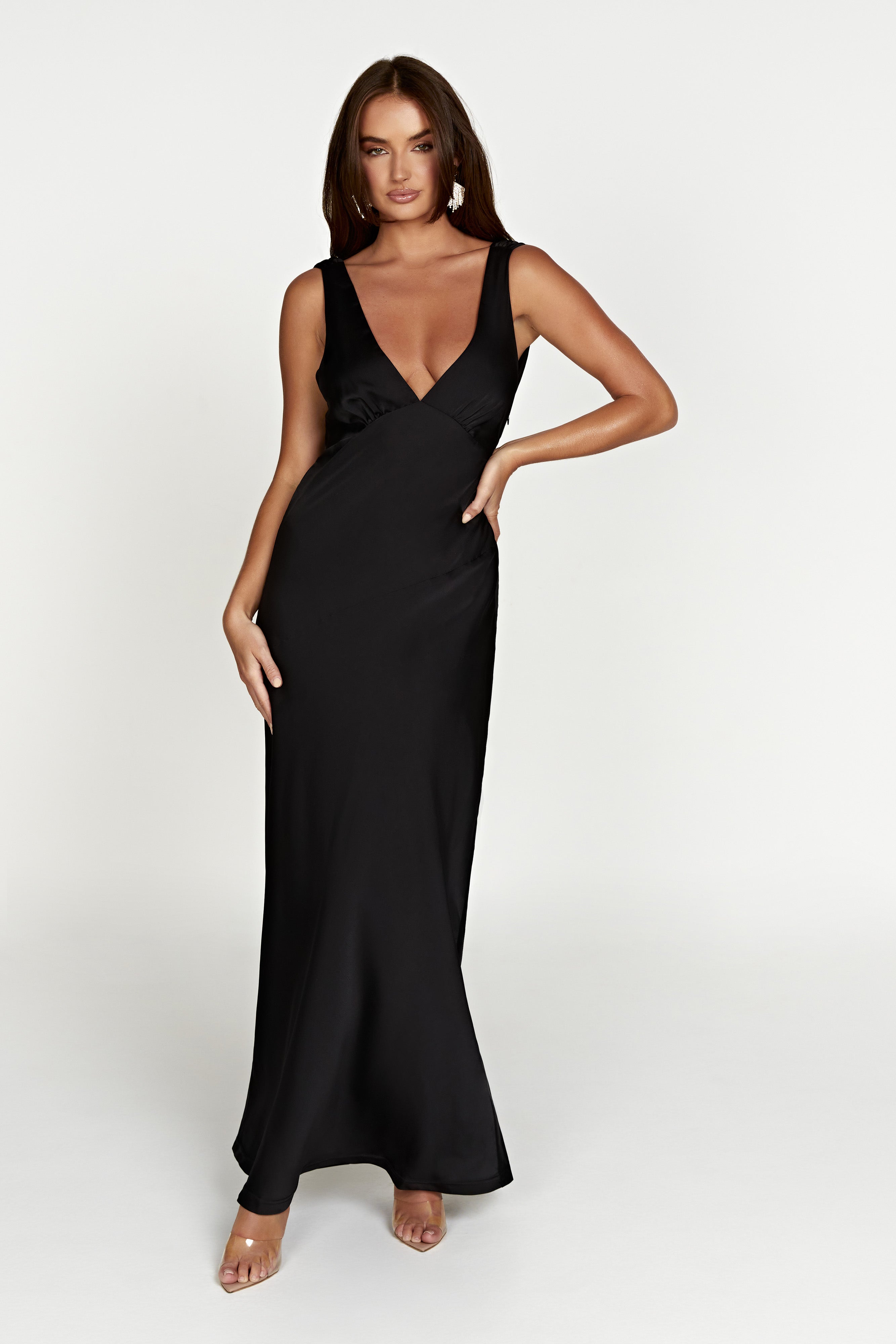 MESHKI Nadia Maxi Satin Dress With Back Cowl - Black