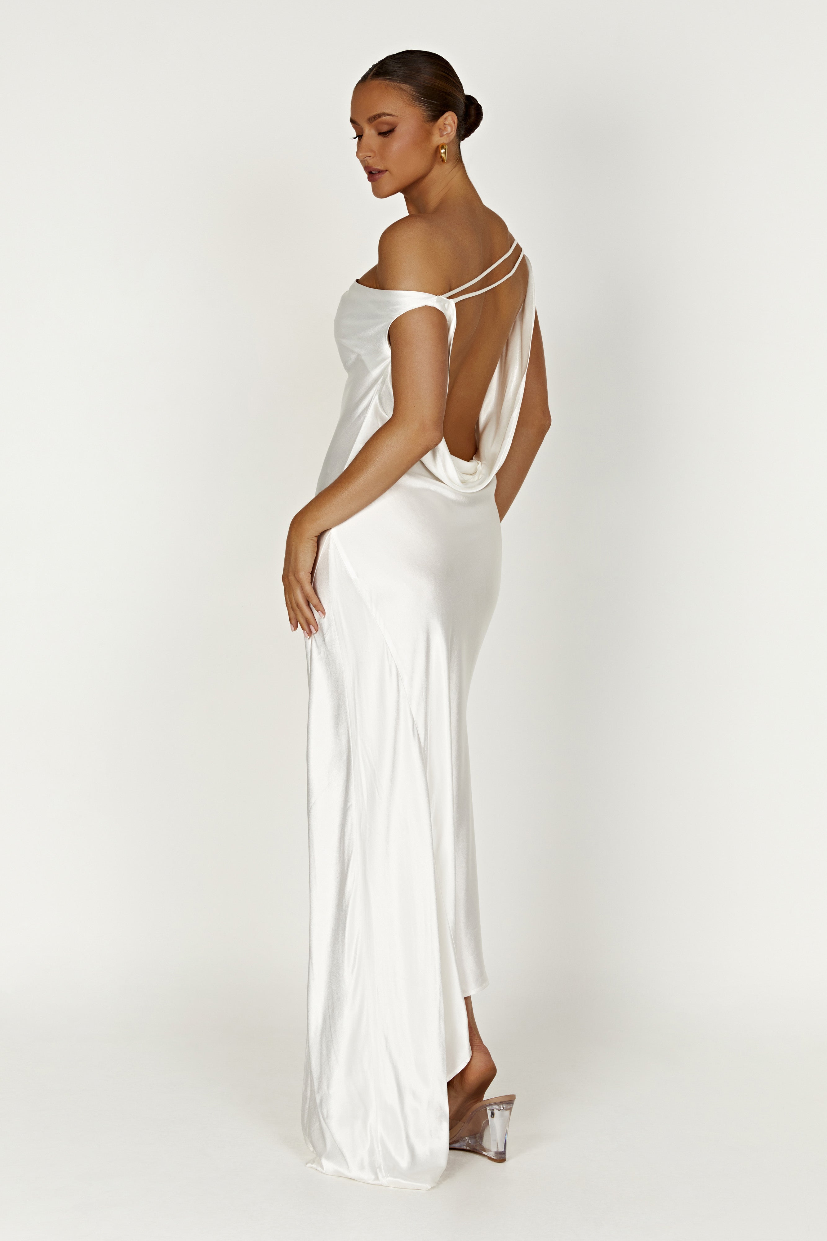 MESHKI Yvette Slip Maxi Dress With Asymmetrical Hem - White