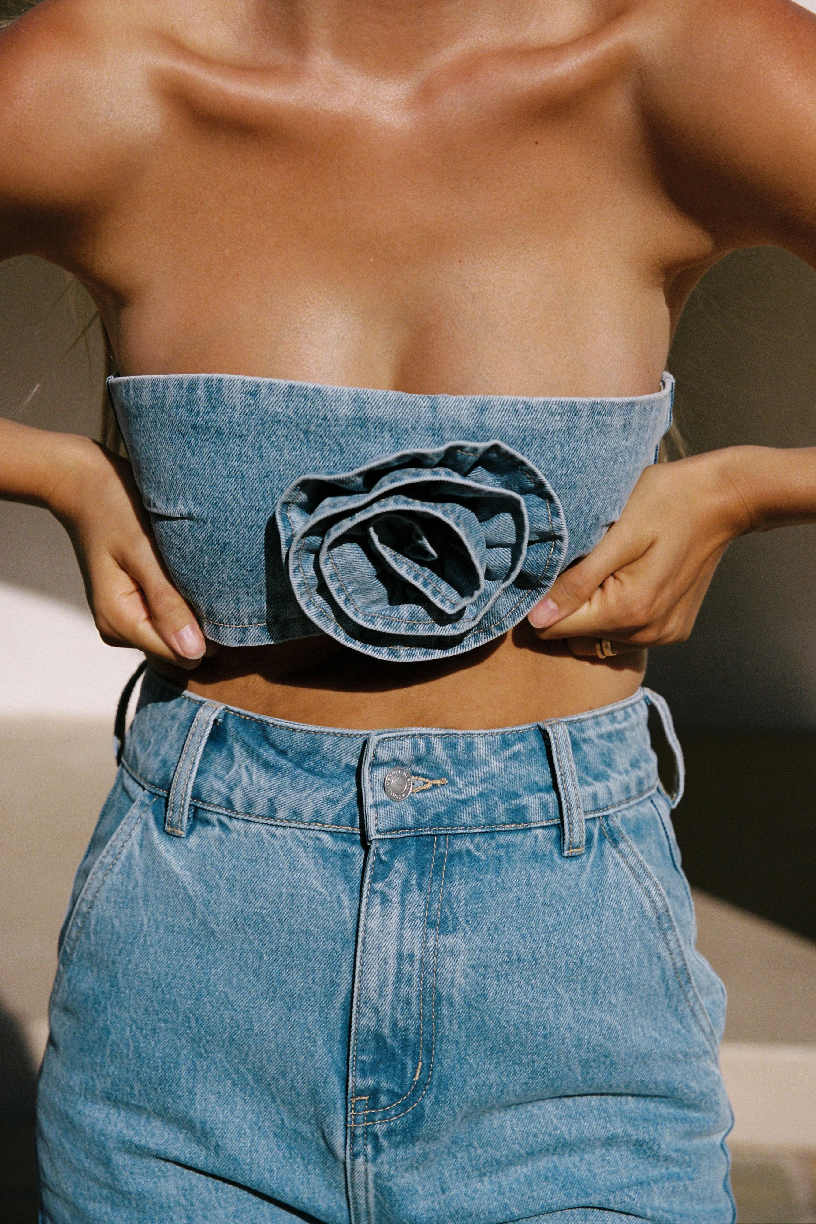 MESHKI Samantha Rose Denim Bandeau - Mid Blue