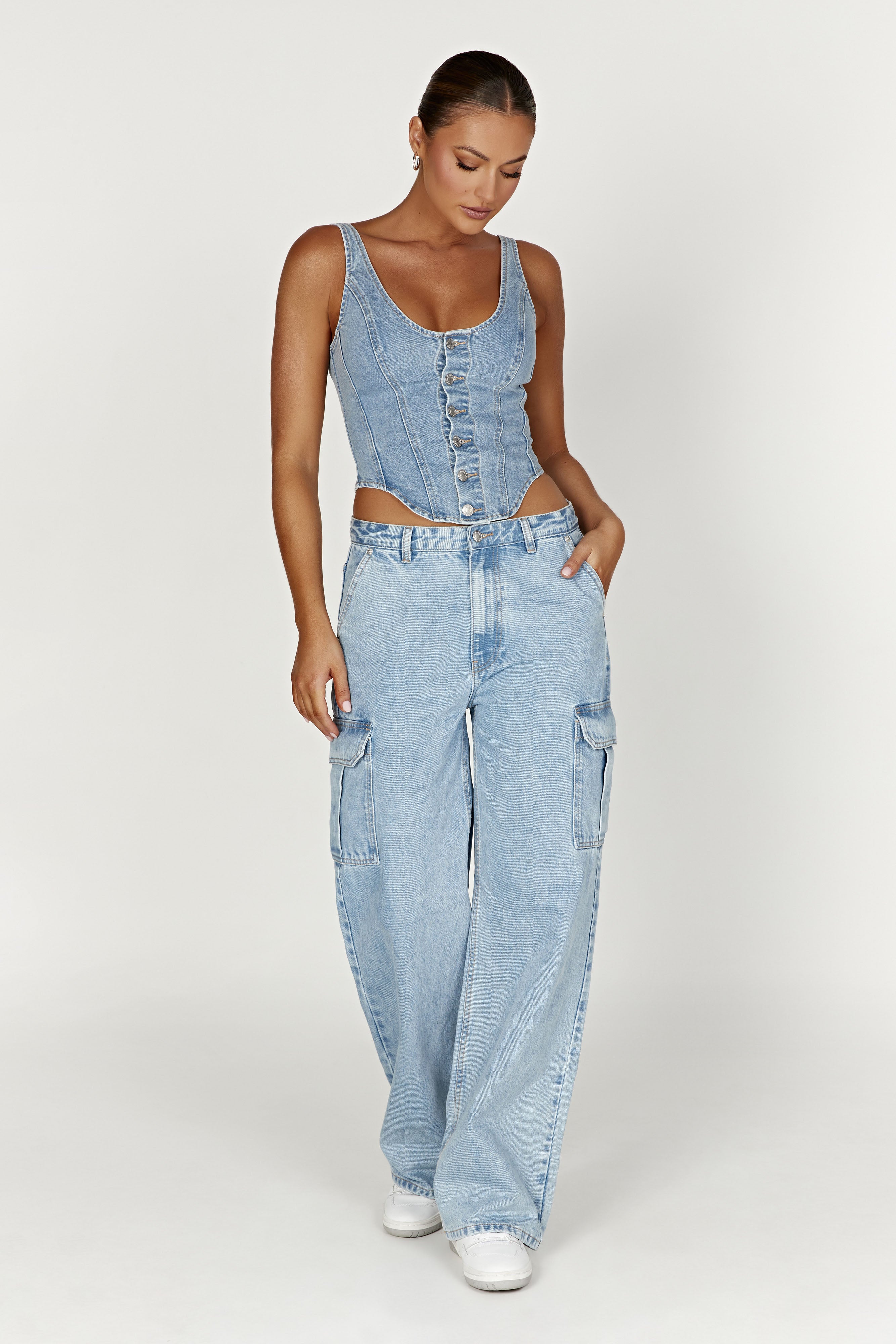 MESHKI Leilani Corset Denim Top - Mid Blue