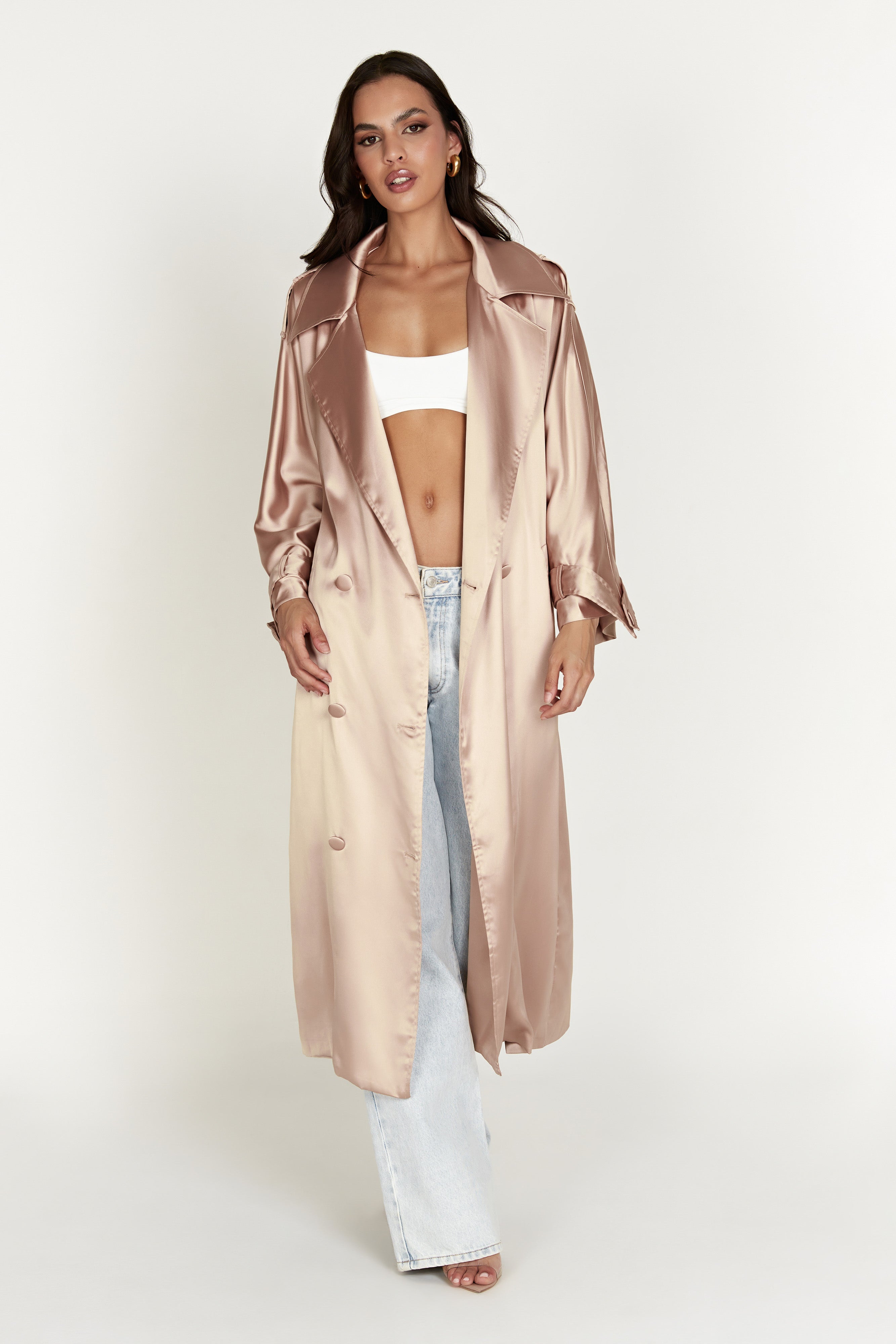 MESHKI Azaela Satin Trench Coat - Champagne