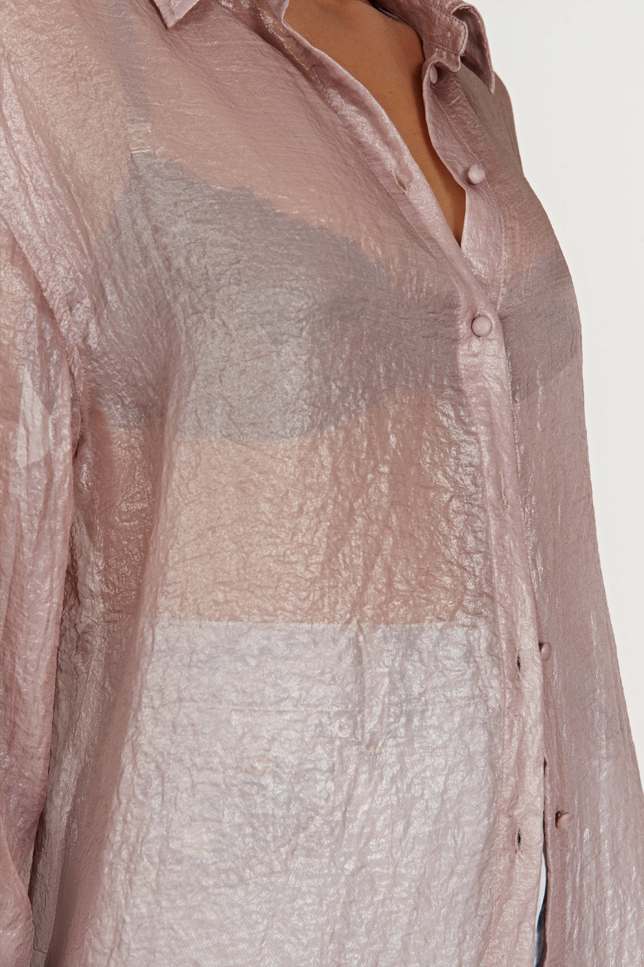 MESHKI Molly Oversized Sheer Iridescent Shirt - Taupe
