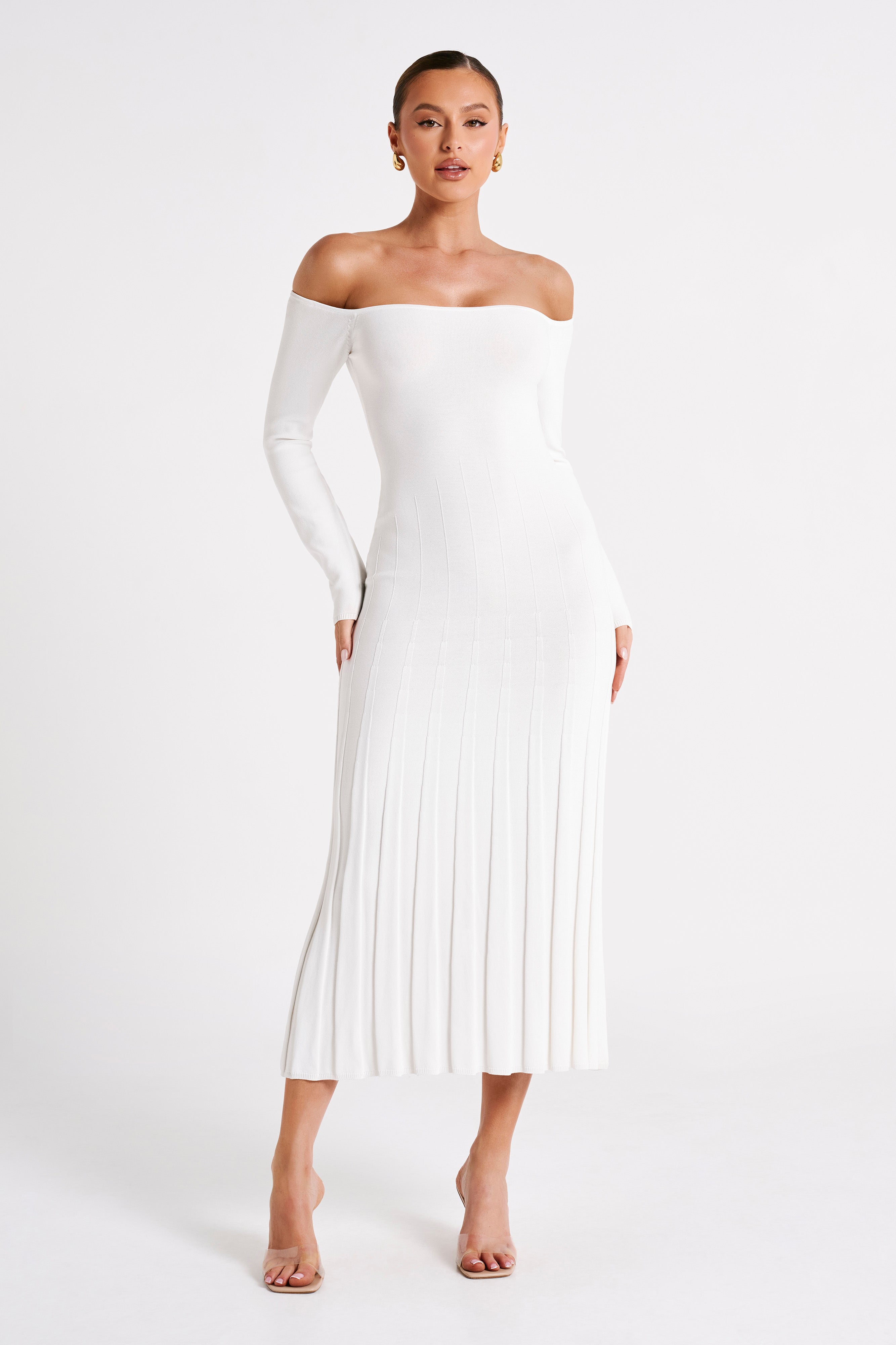 Emmeline Long Sleeve Rib Knit Midi Dress - White