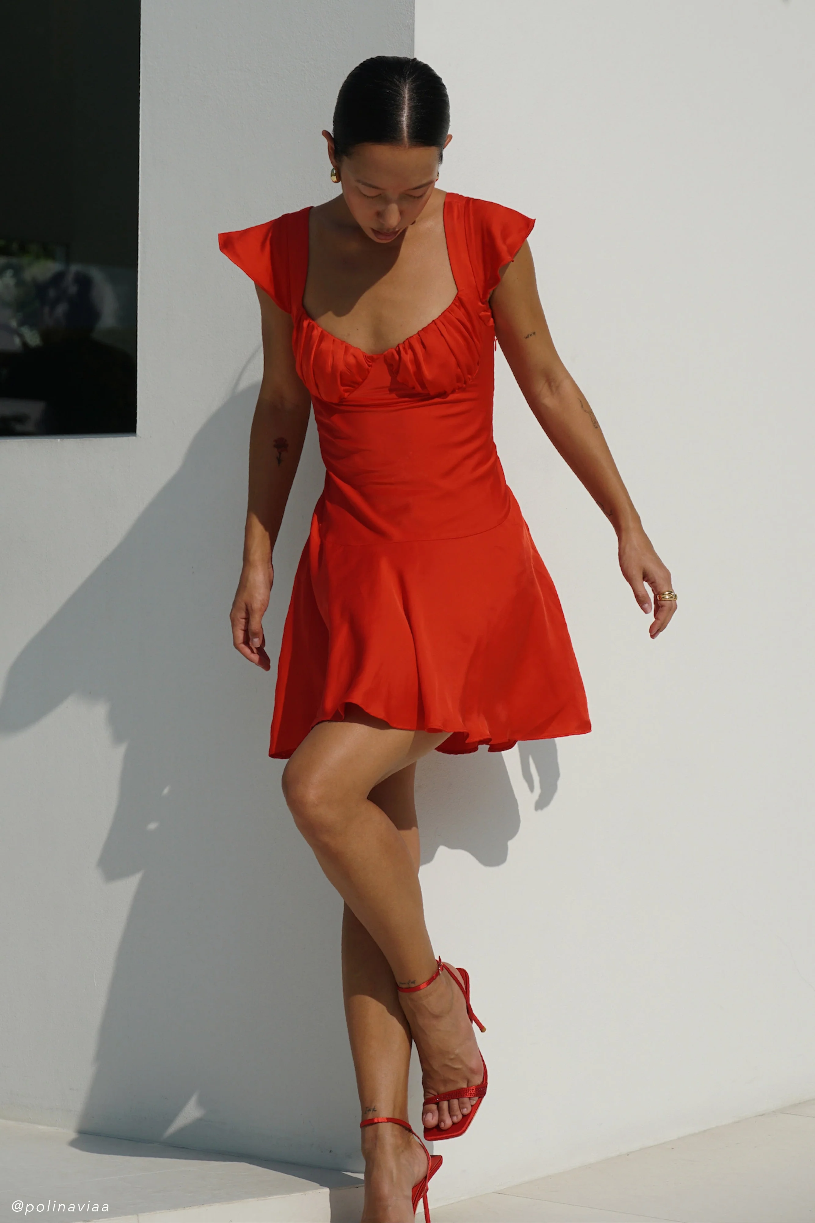 MESHKI Carson Ruched Satin Mini Dress - Red