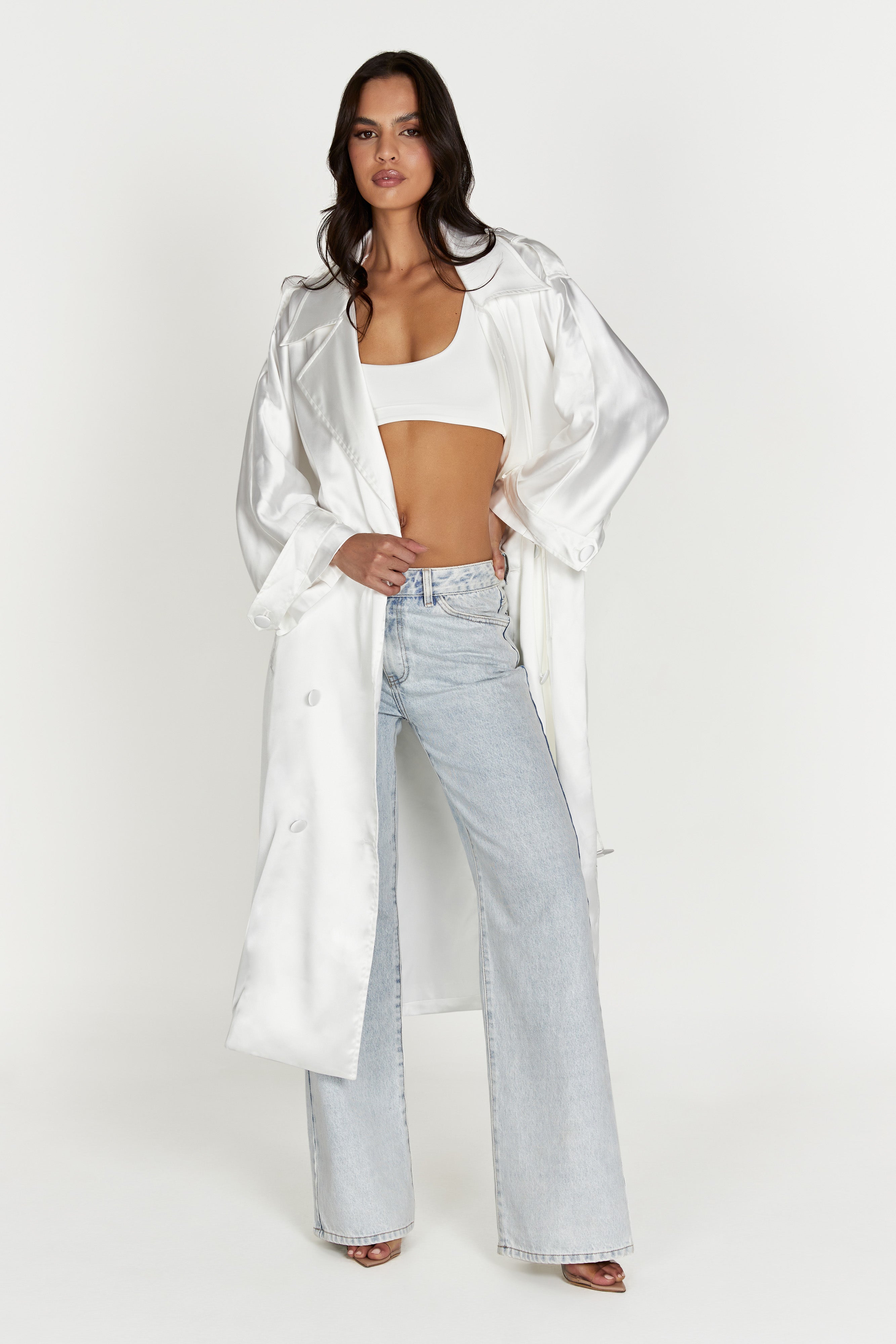 MESHKI Azaela Satin Trench Coat - White