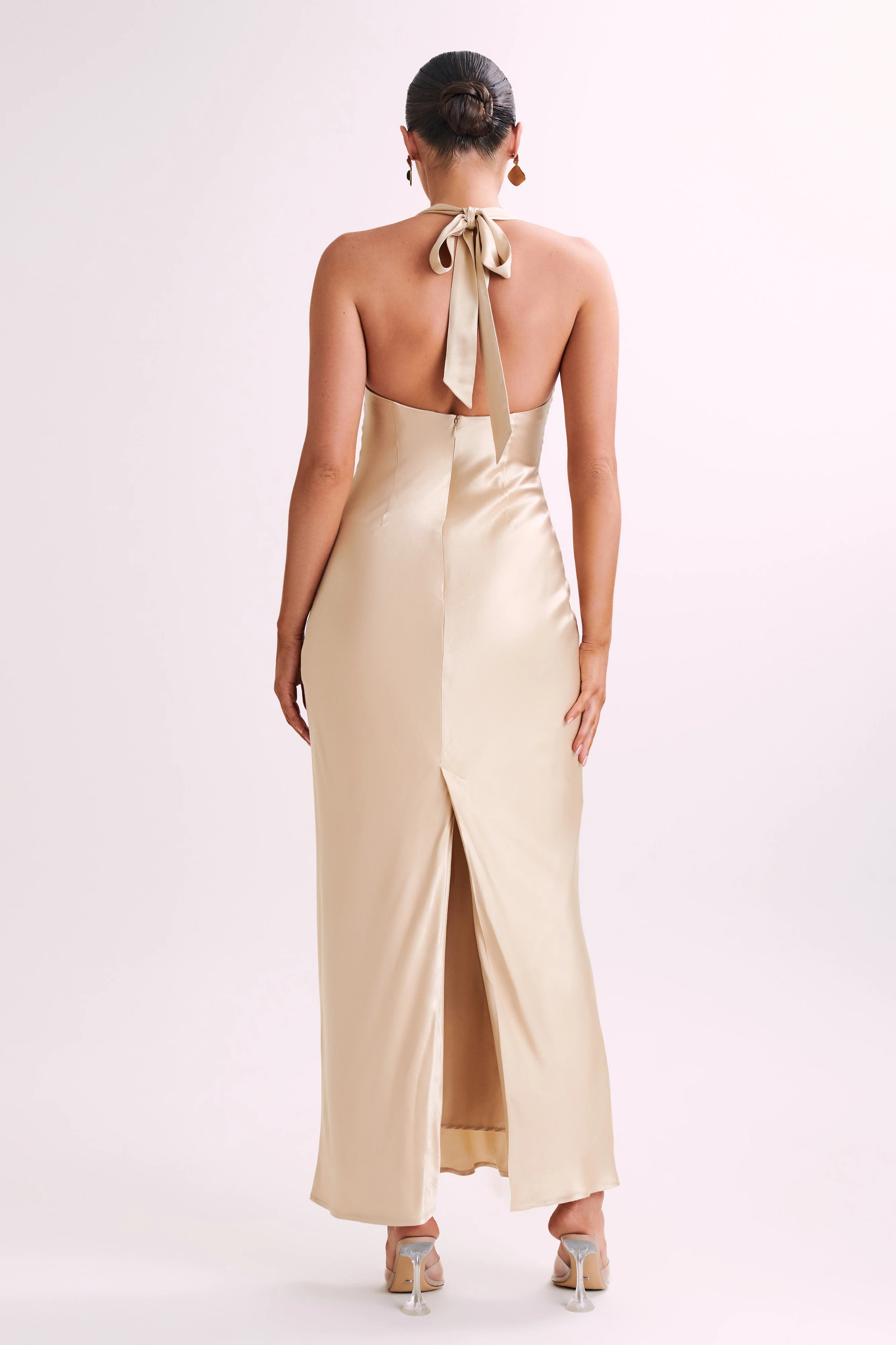 MESHKI Sabra Satin Halter Maxi Dress - Gold