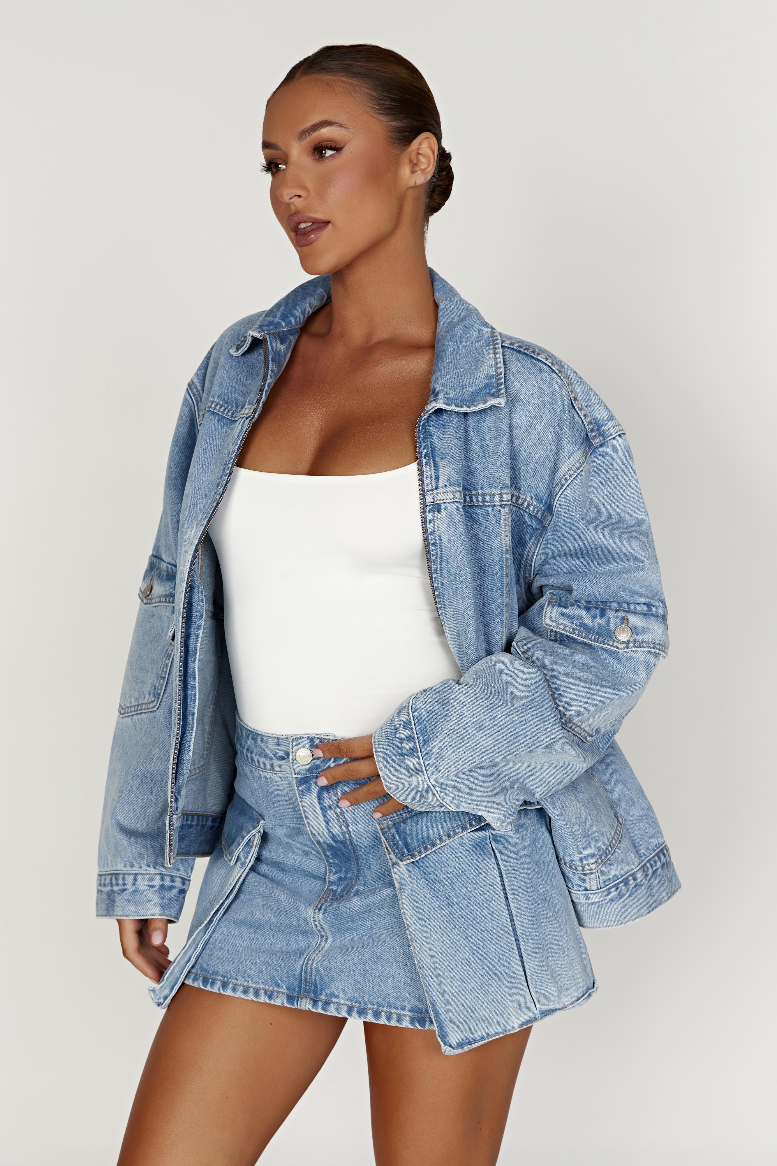 MESHKI Rylee Oversized Denim Jacket - Mid Blue