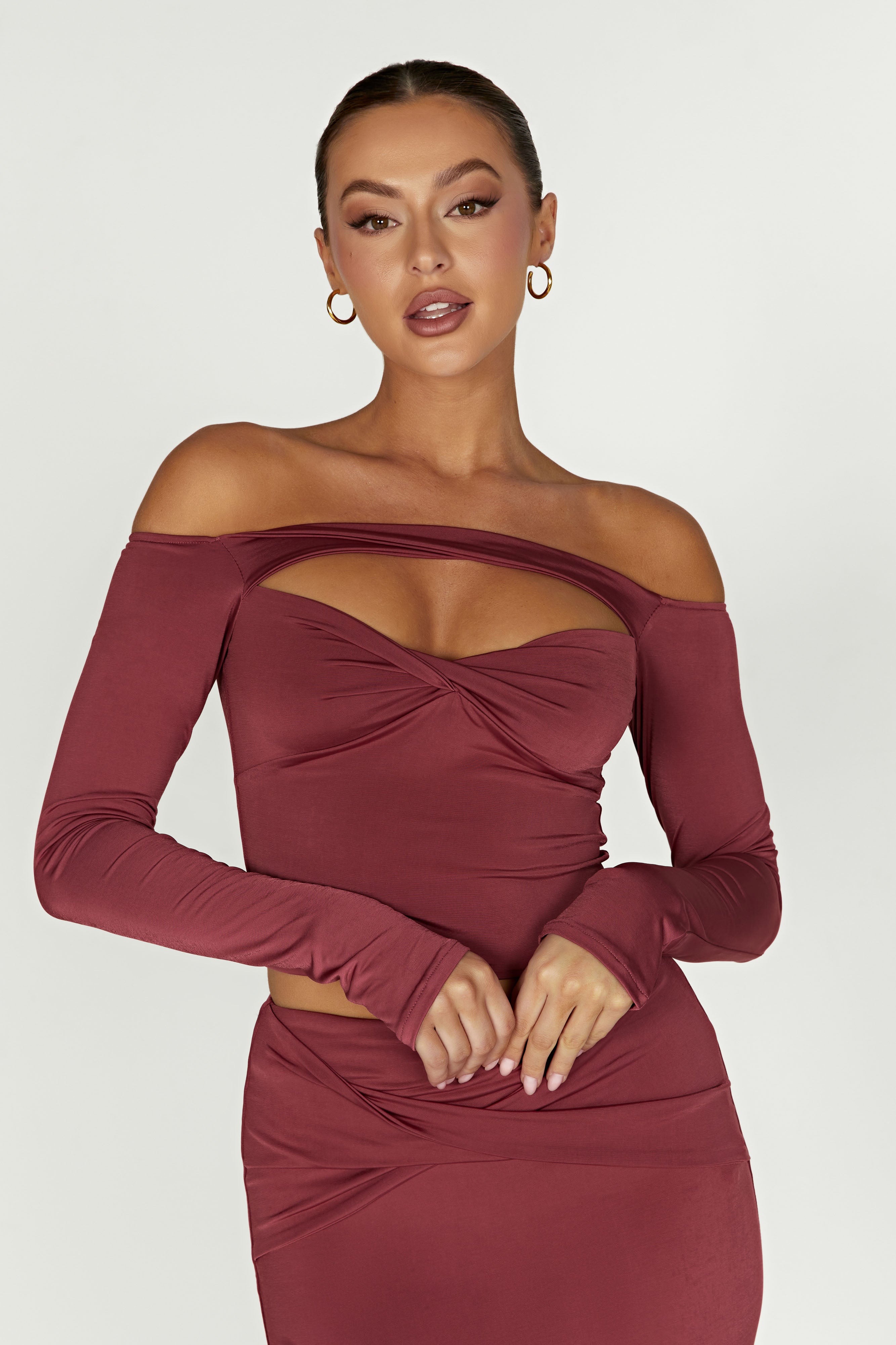 Ceri Off Shoulder Long Sleeve Top - Wine