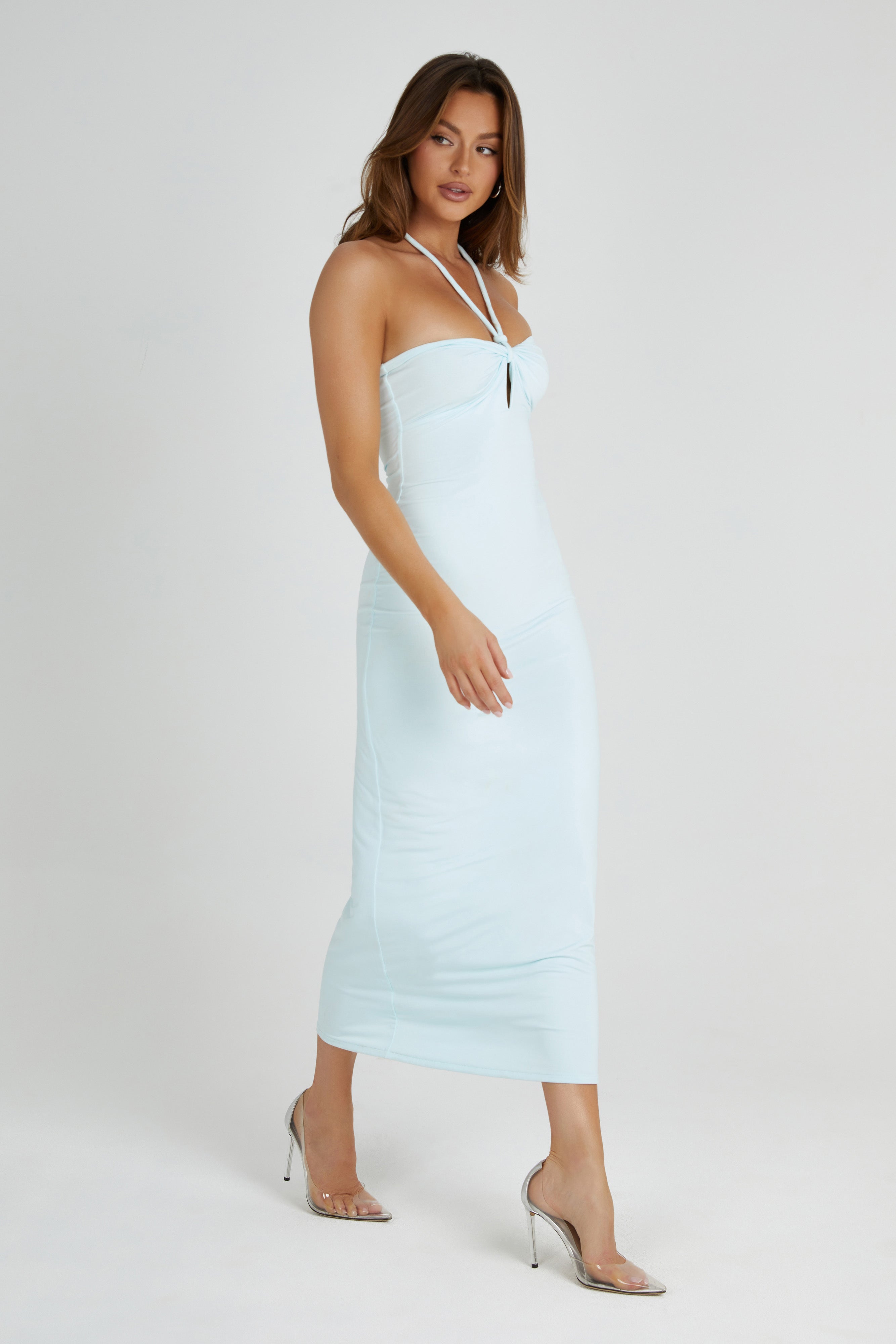 MESHKI Krissy Midi Twist Halter Jersey Dress - Arctic Blue