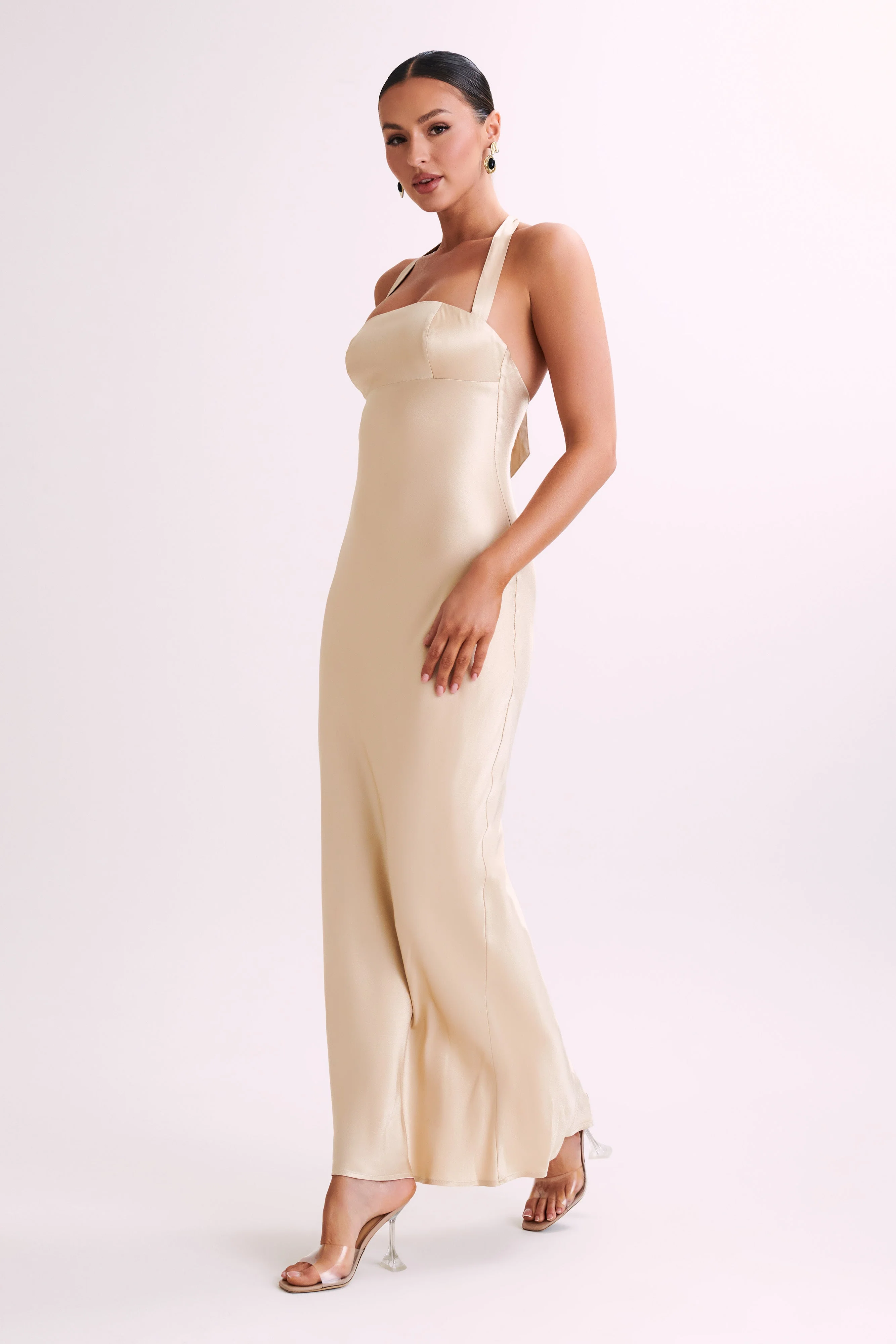 MESHKI Sabra Satin Halter Maxi Dress - Gold