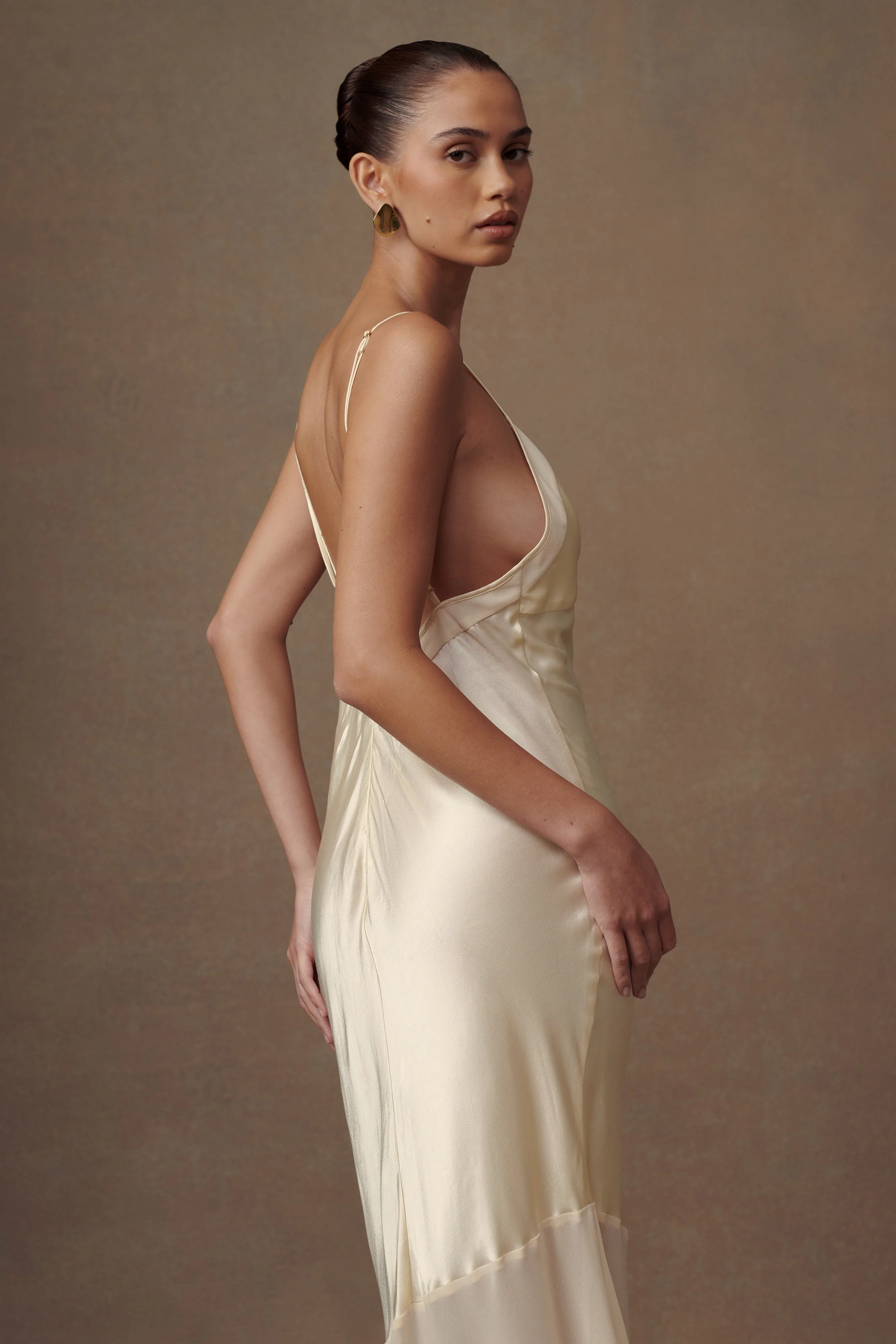 MESHKI Evelyn Iridescent Satin Maxi Dress - Lemon Sorbet