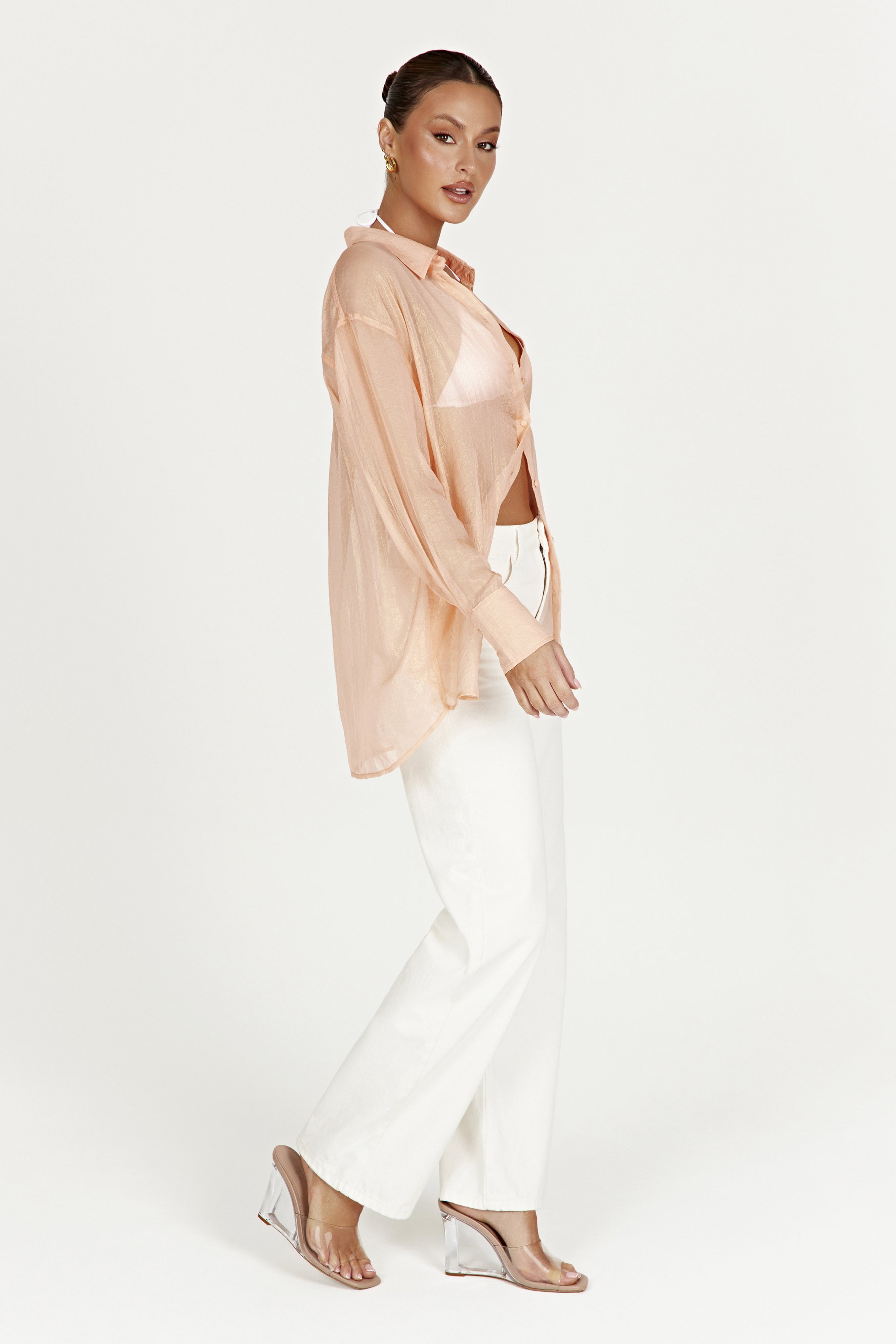 Molly Oversized Sheer Iridescent Shirt - Peach