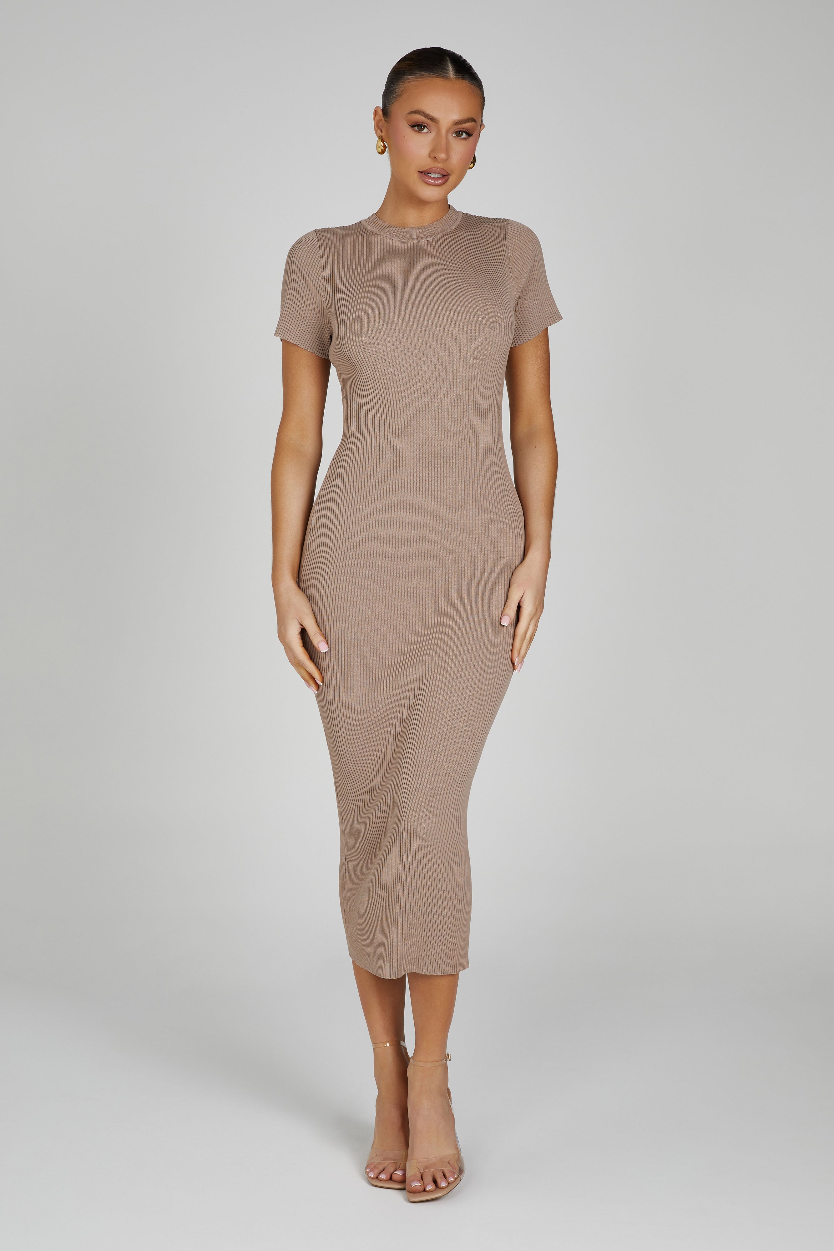 MESHKI Sonia Short Sleeve Knit Midi Dress - Taupe