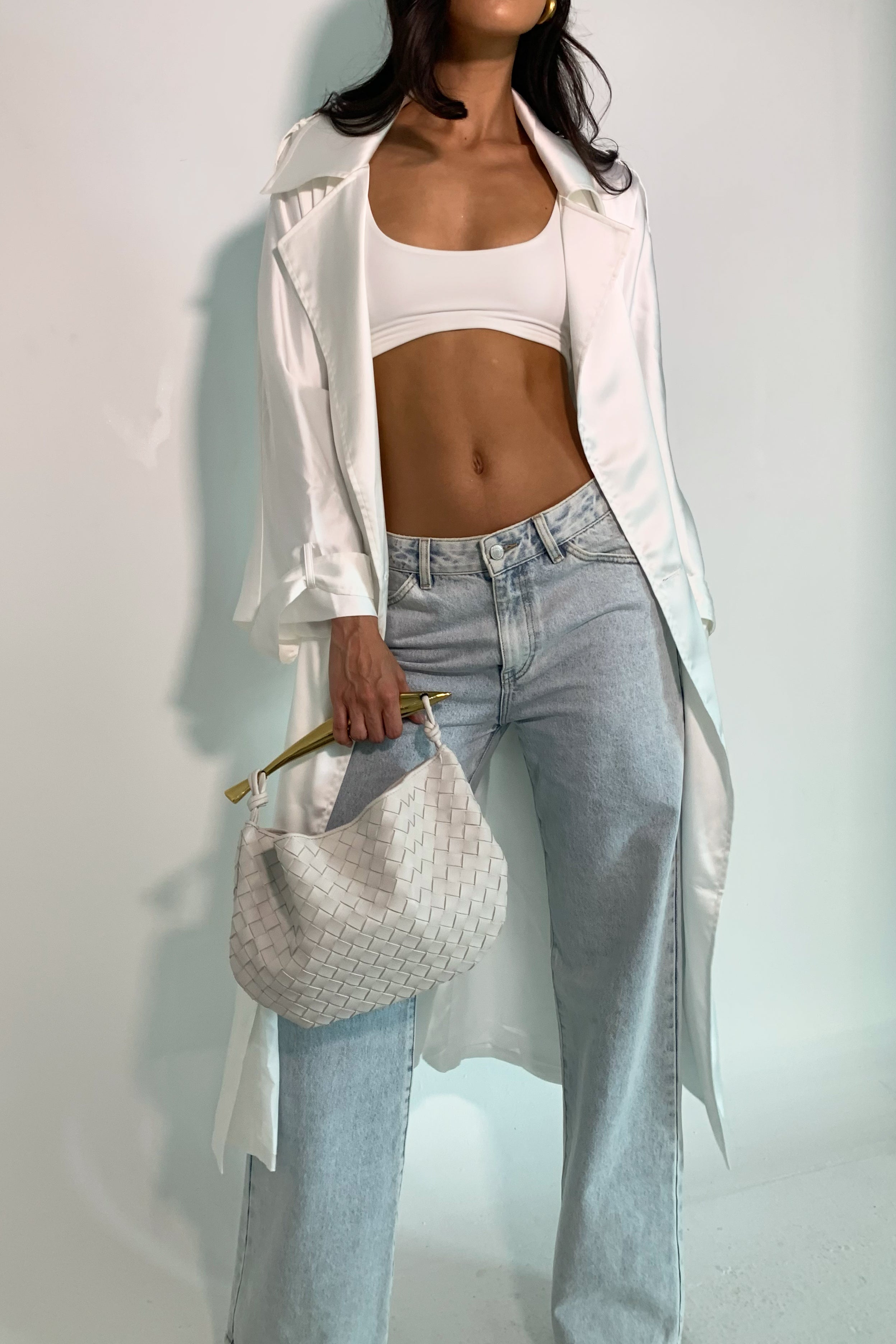 MESHKI Azaela Satin Trench Coat - White