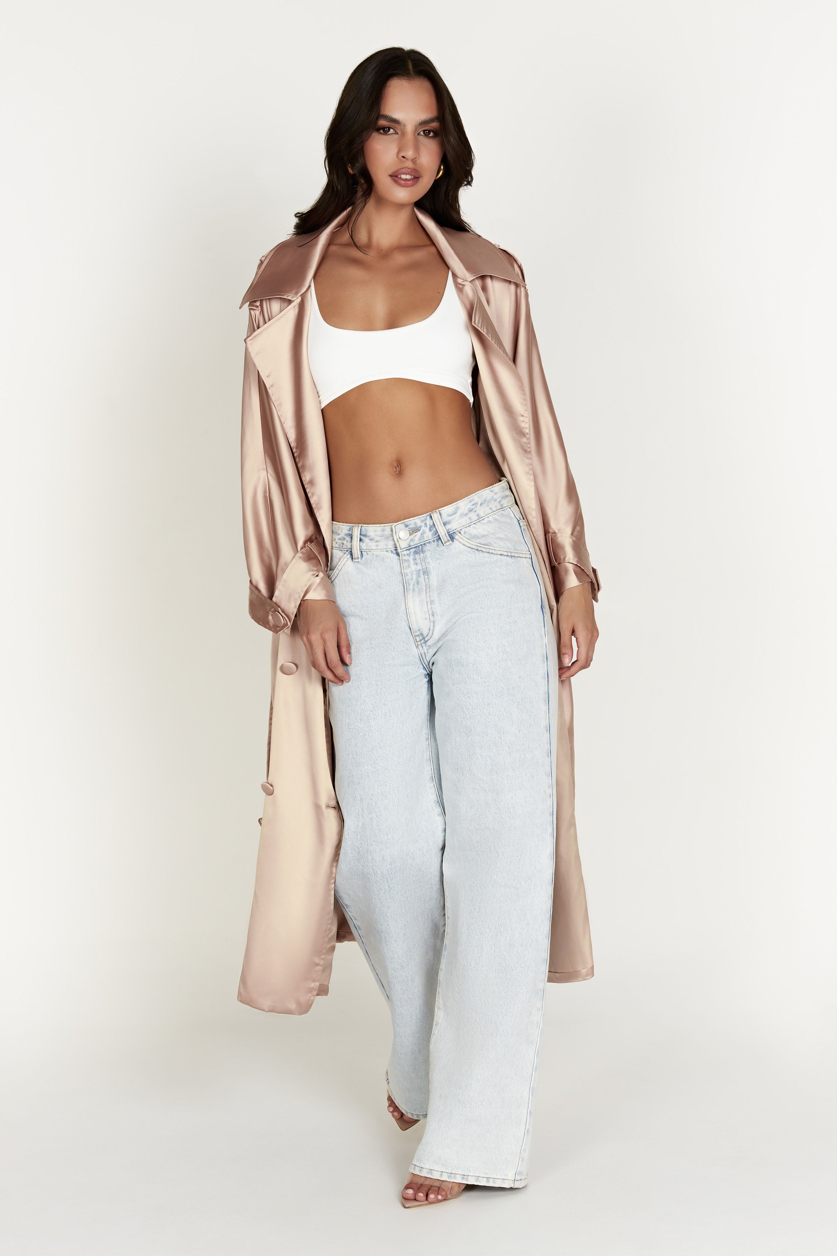 MESHKI Azaela Satin Trench Coat - Champagne