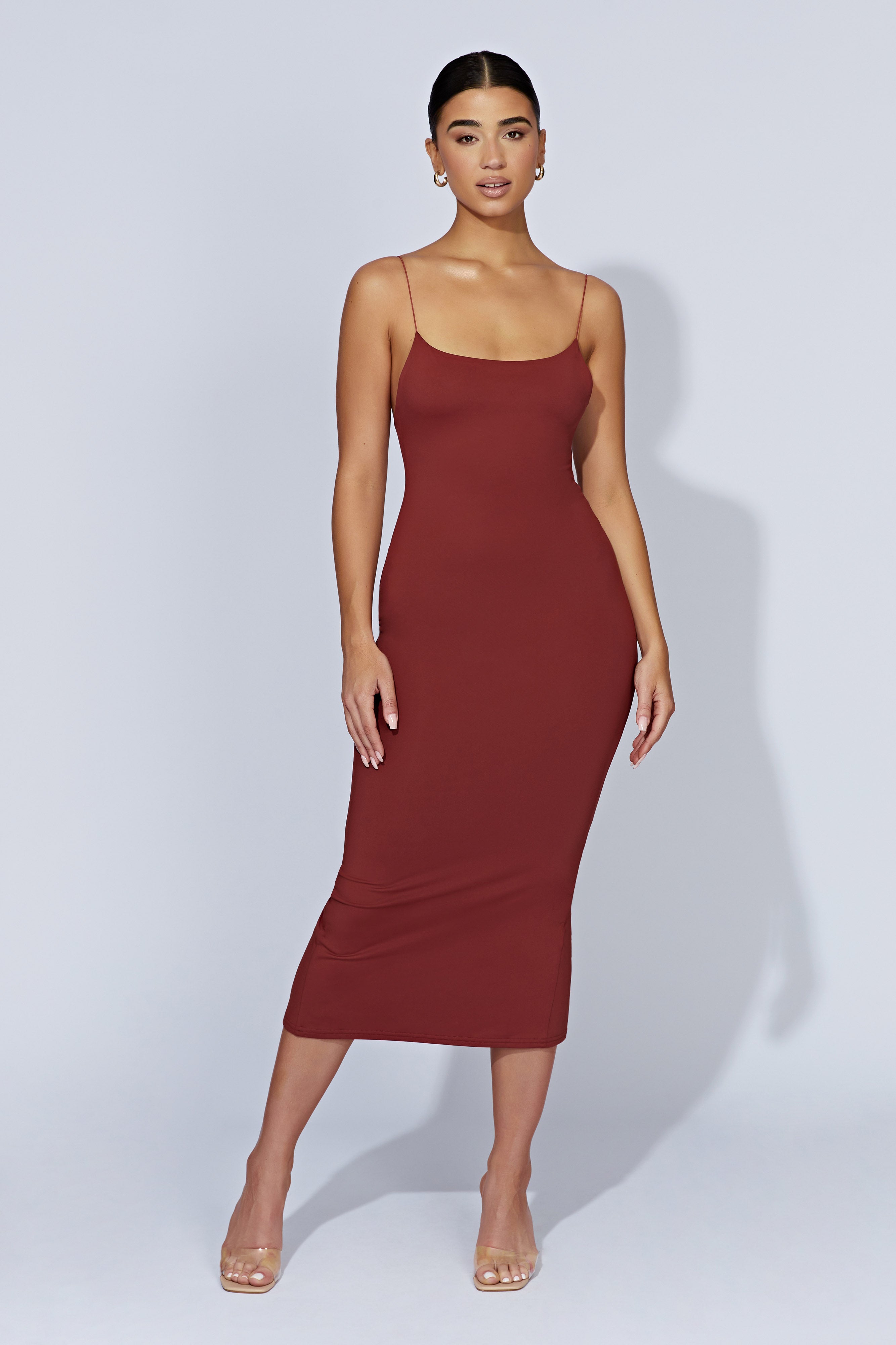 MESHKI Lexia Scoop Low Neck Midi Dress - Cherry Chocolate