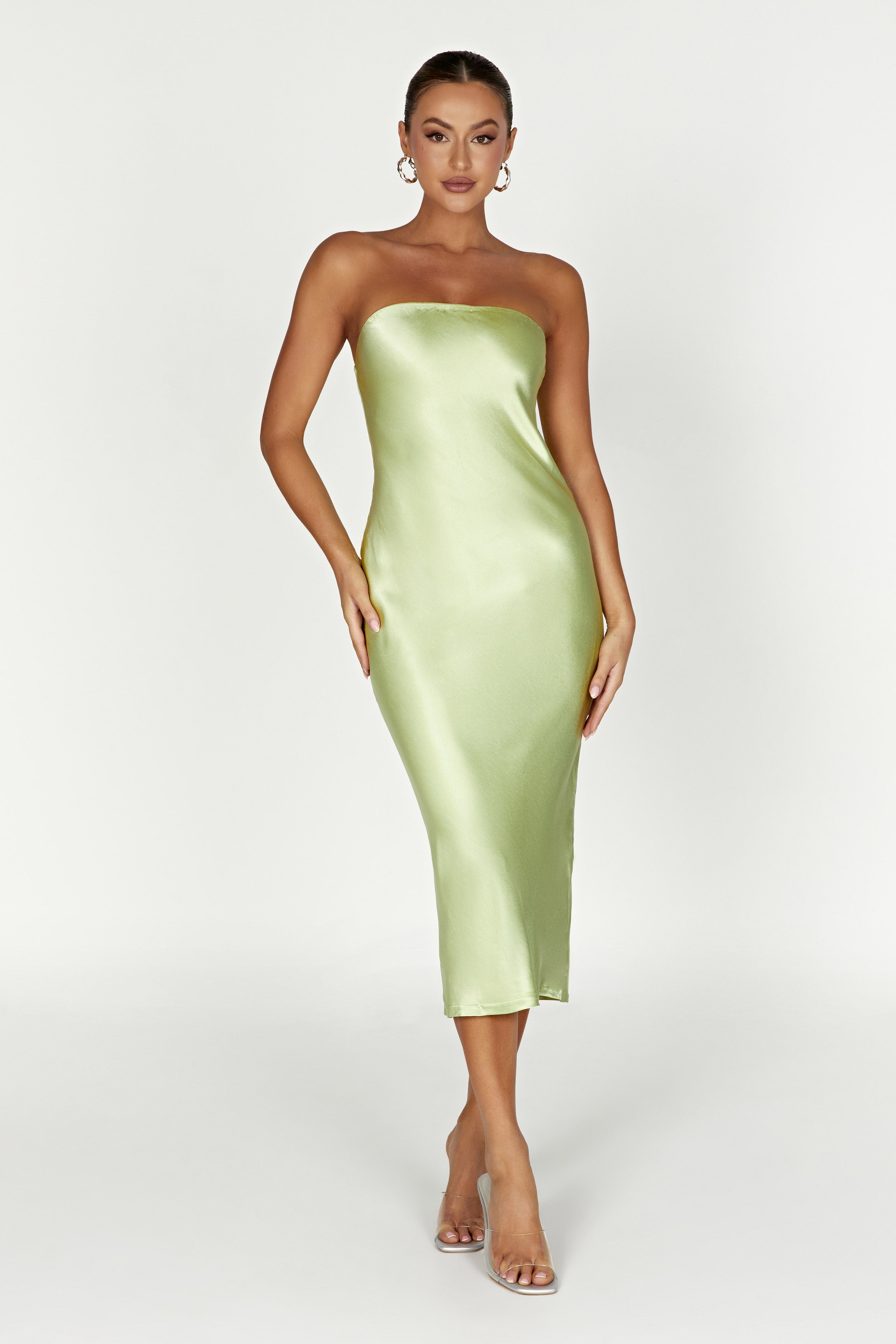 MESHKI Tyler Strapless Satin Midi Dress - Pistachio Green