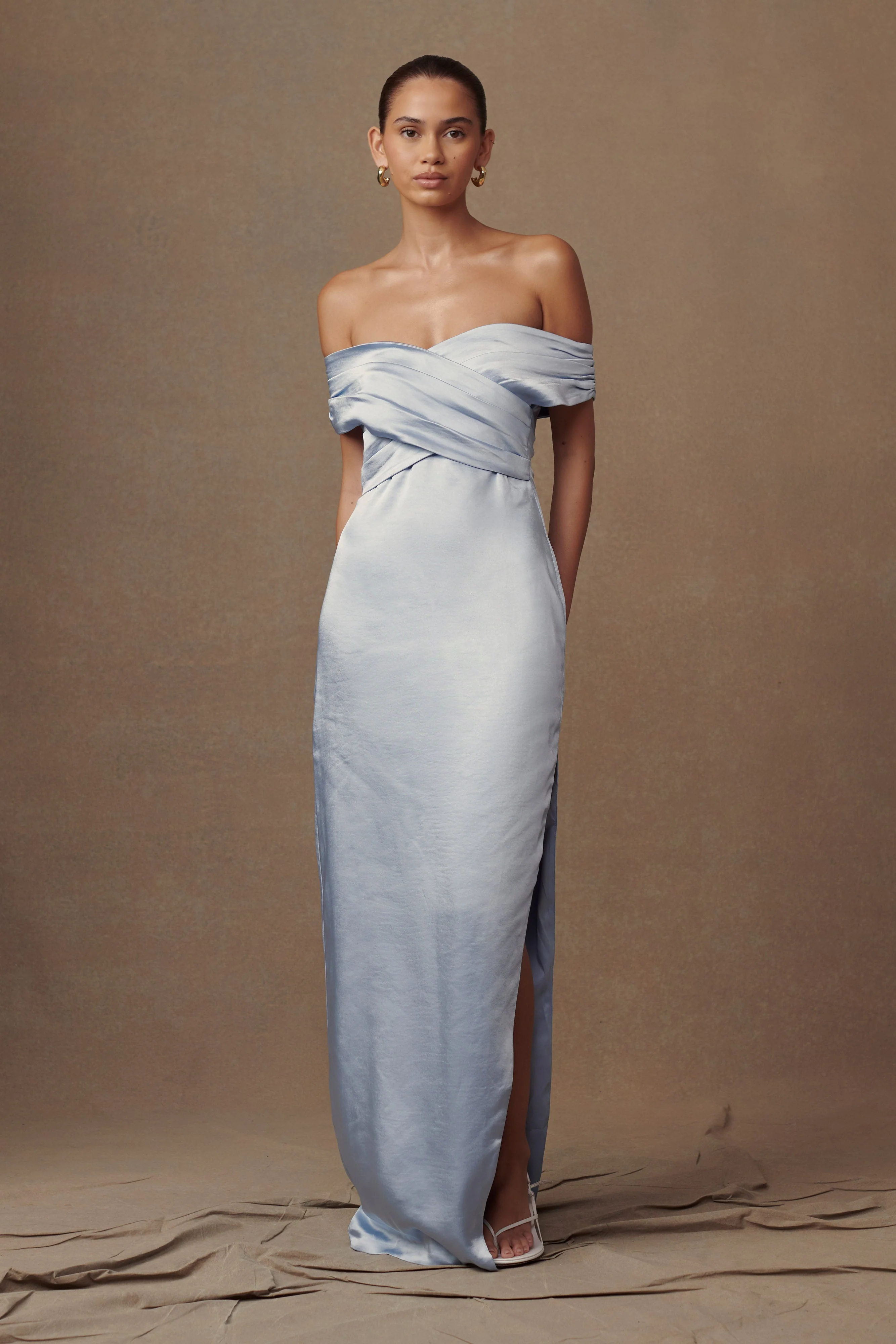 MESHKI Harley Off Shoulder Satin Maxi Dress - Cornflower Blue