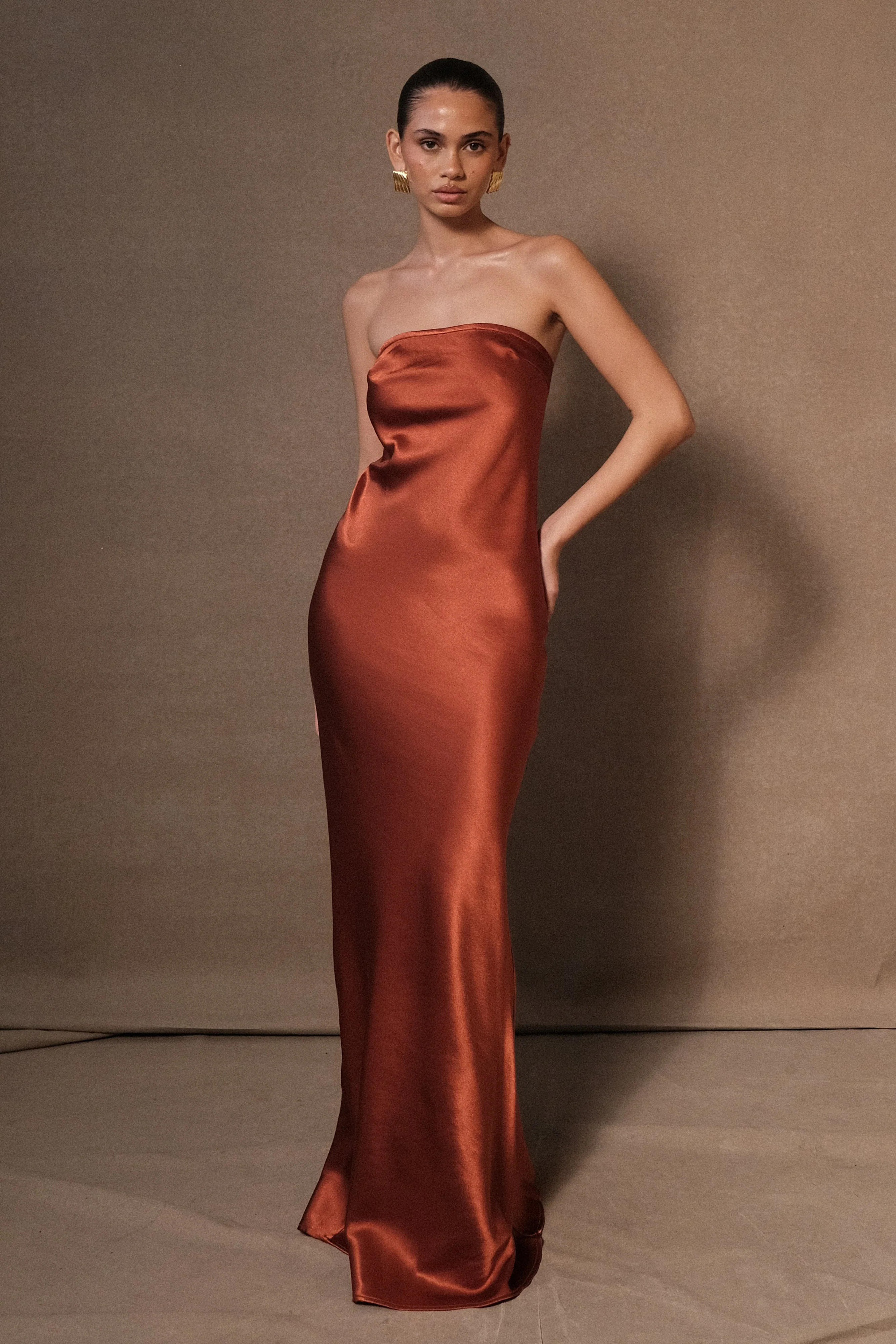 MESHKI Claudette Strapless Satin Maxi Dress - Burnt Orange