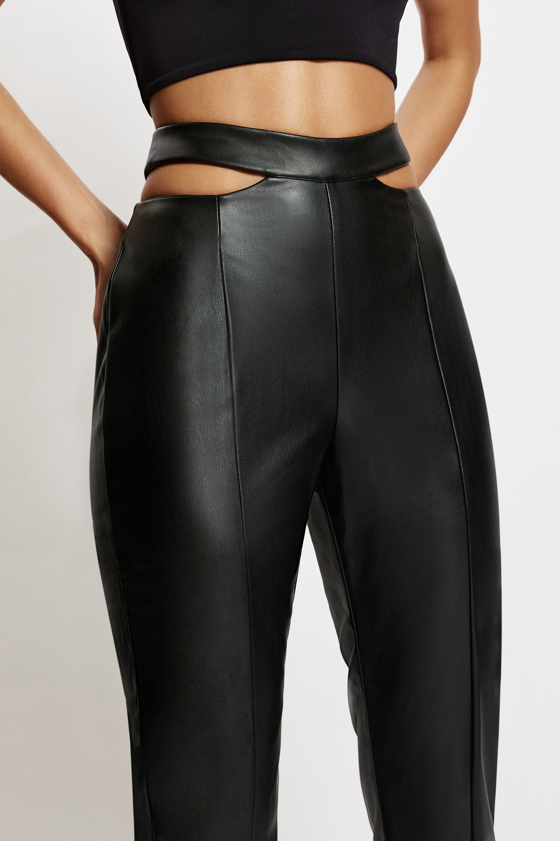 MESHKI Callie Faux Leather Cut Out Side Straight Leg Pant - Black
