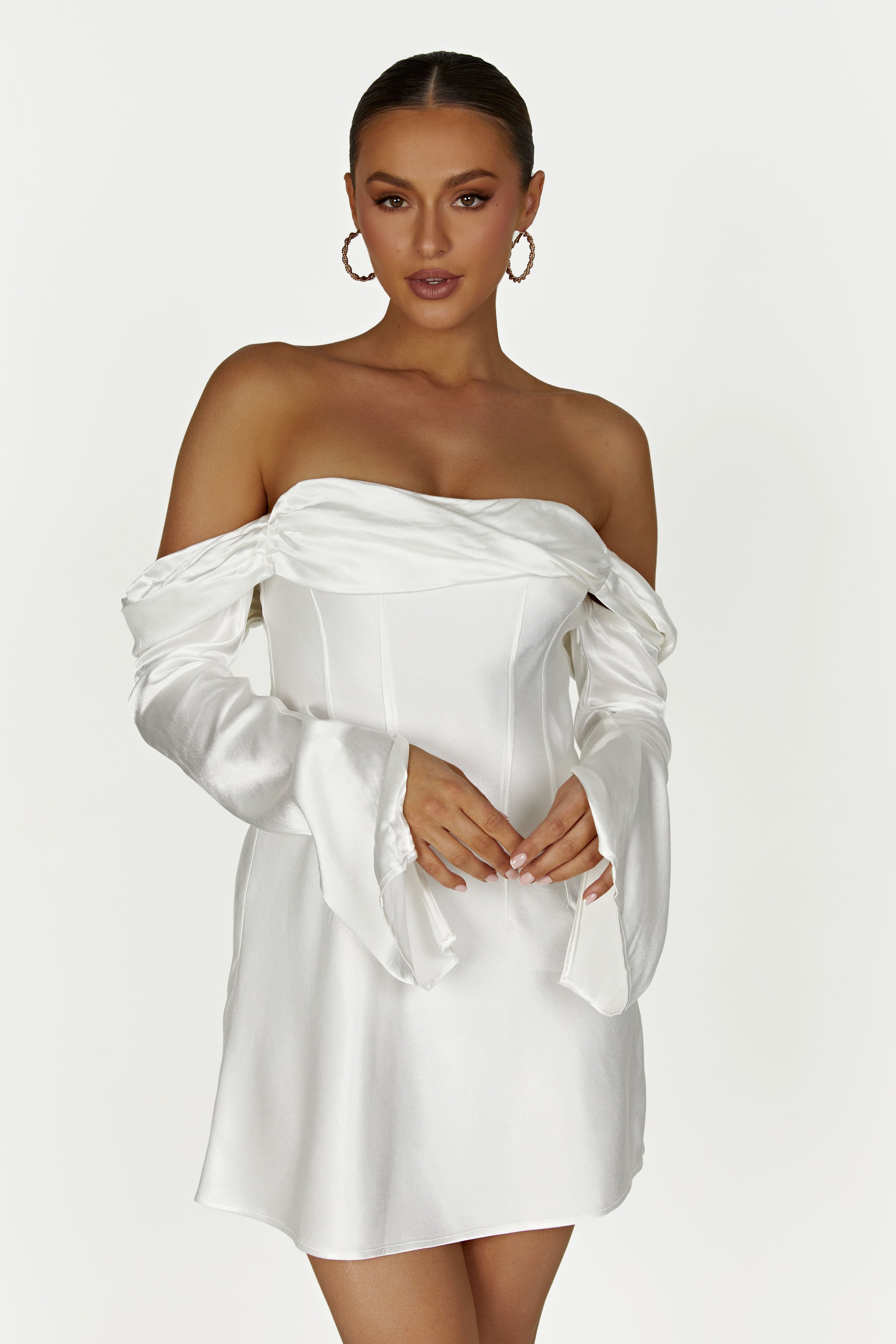 MESHKI Giselle Off Shoulder Satin Mini Dress - White