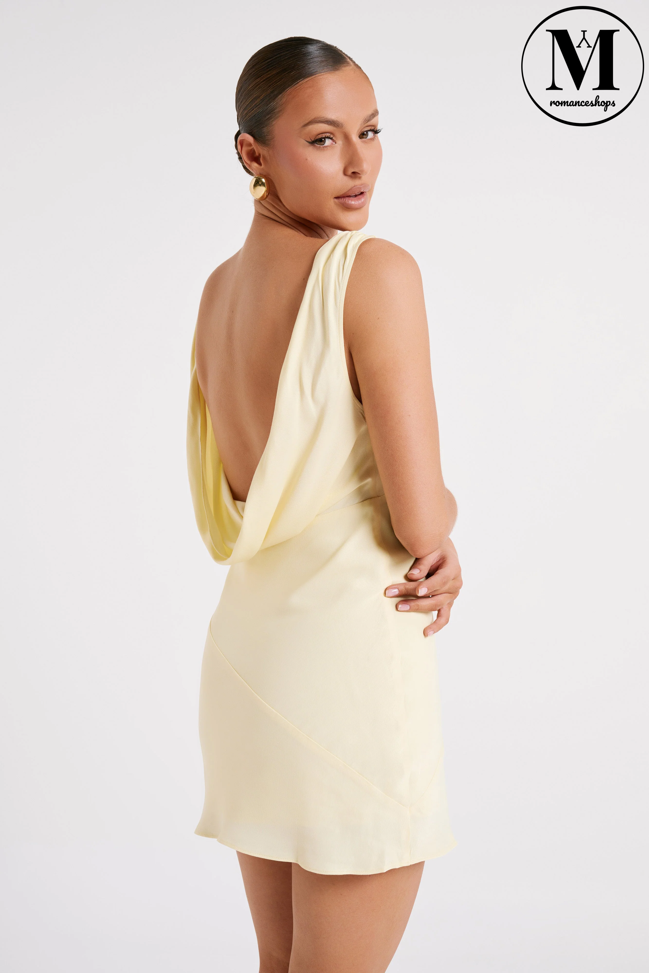 MESHKI Nadia Satin Mini Dress With Cowl Back - Light Yellow