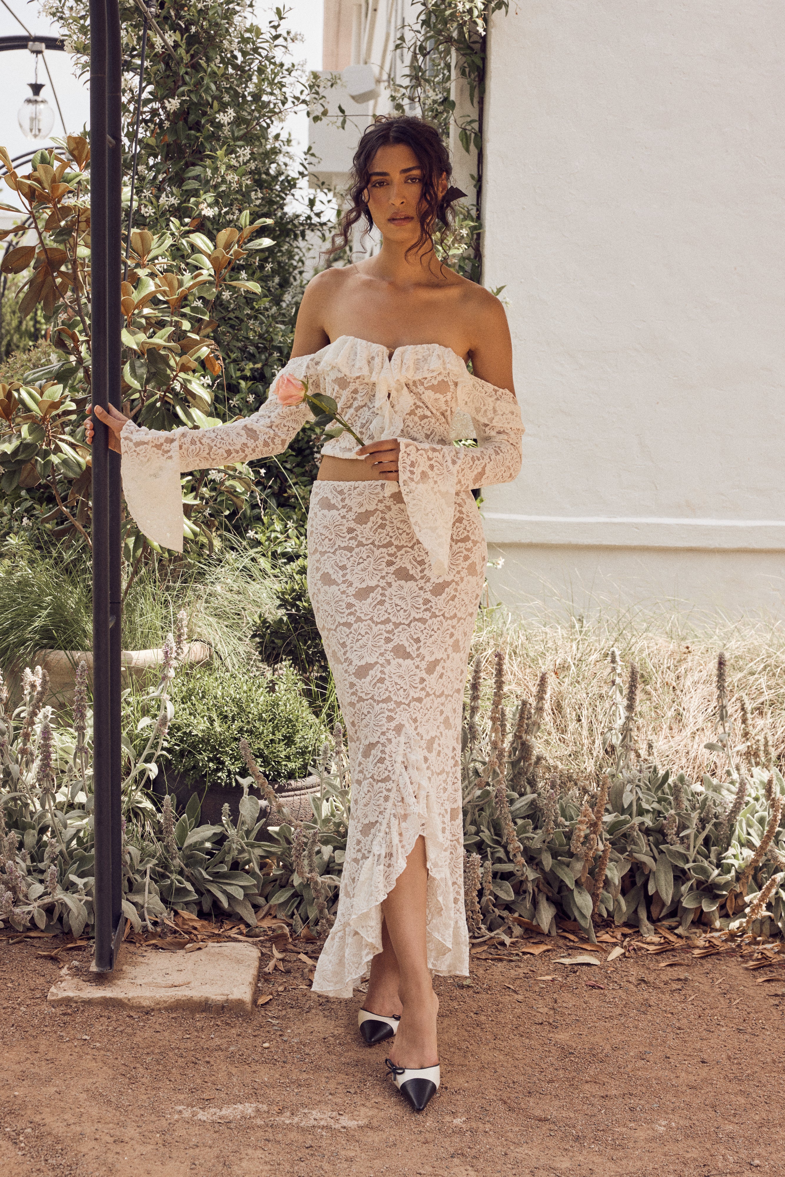 MESHKI Artemis Lace Plisse Maxi Skirt - Ivory