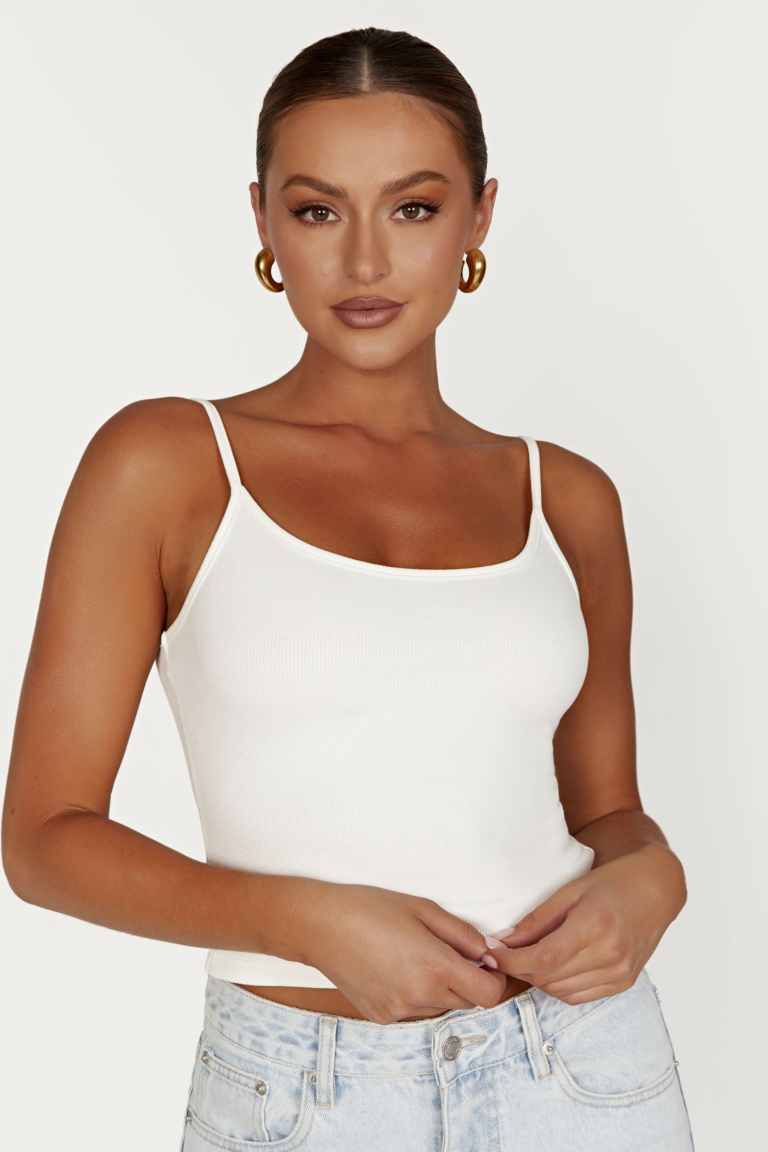 MESHKI Alexis Ribbed Cami Longline Top - White