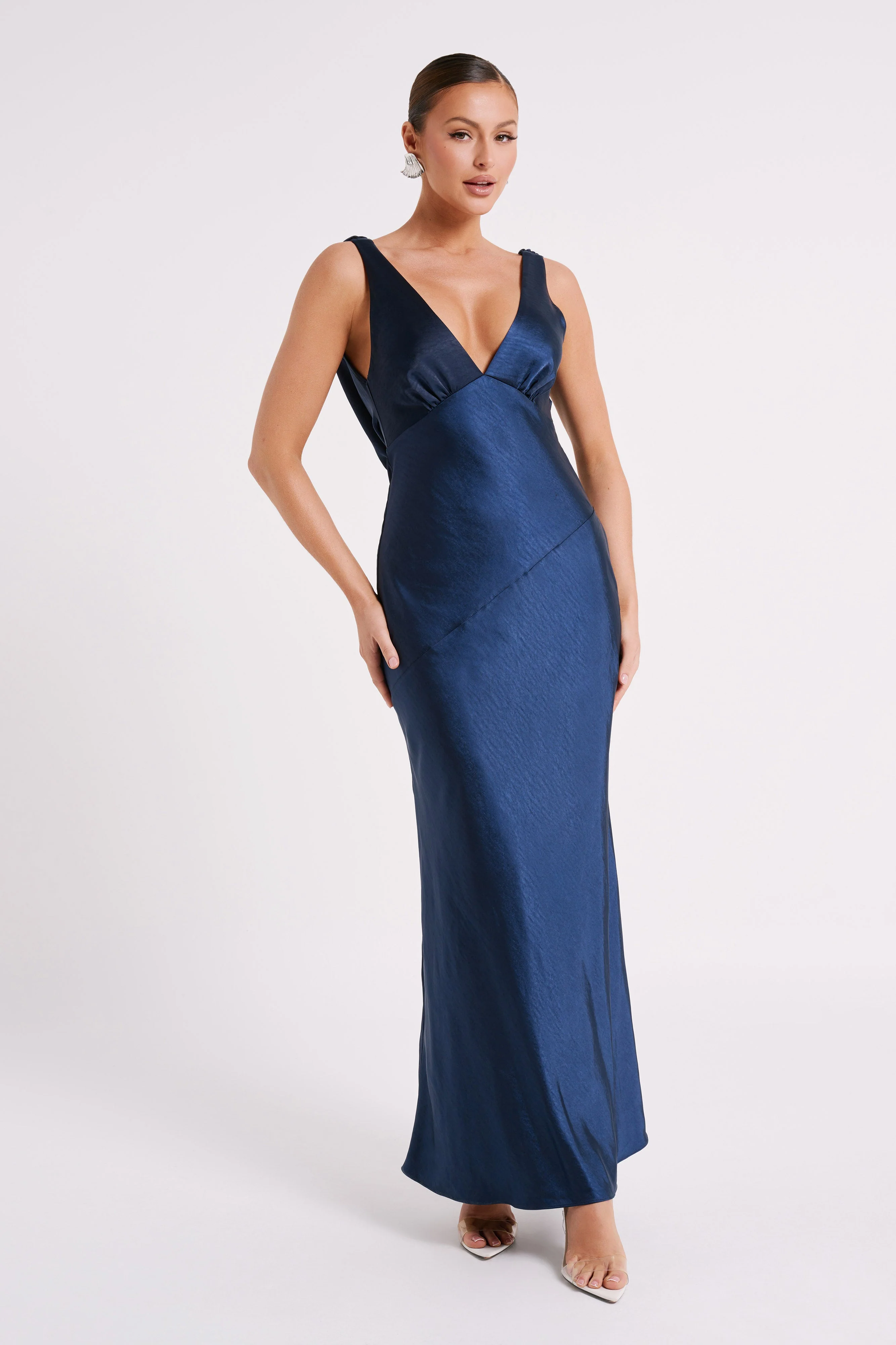MESHKI Nadia Maxi Satin Dress With Back Cowl - Navy