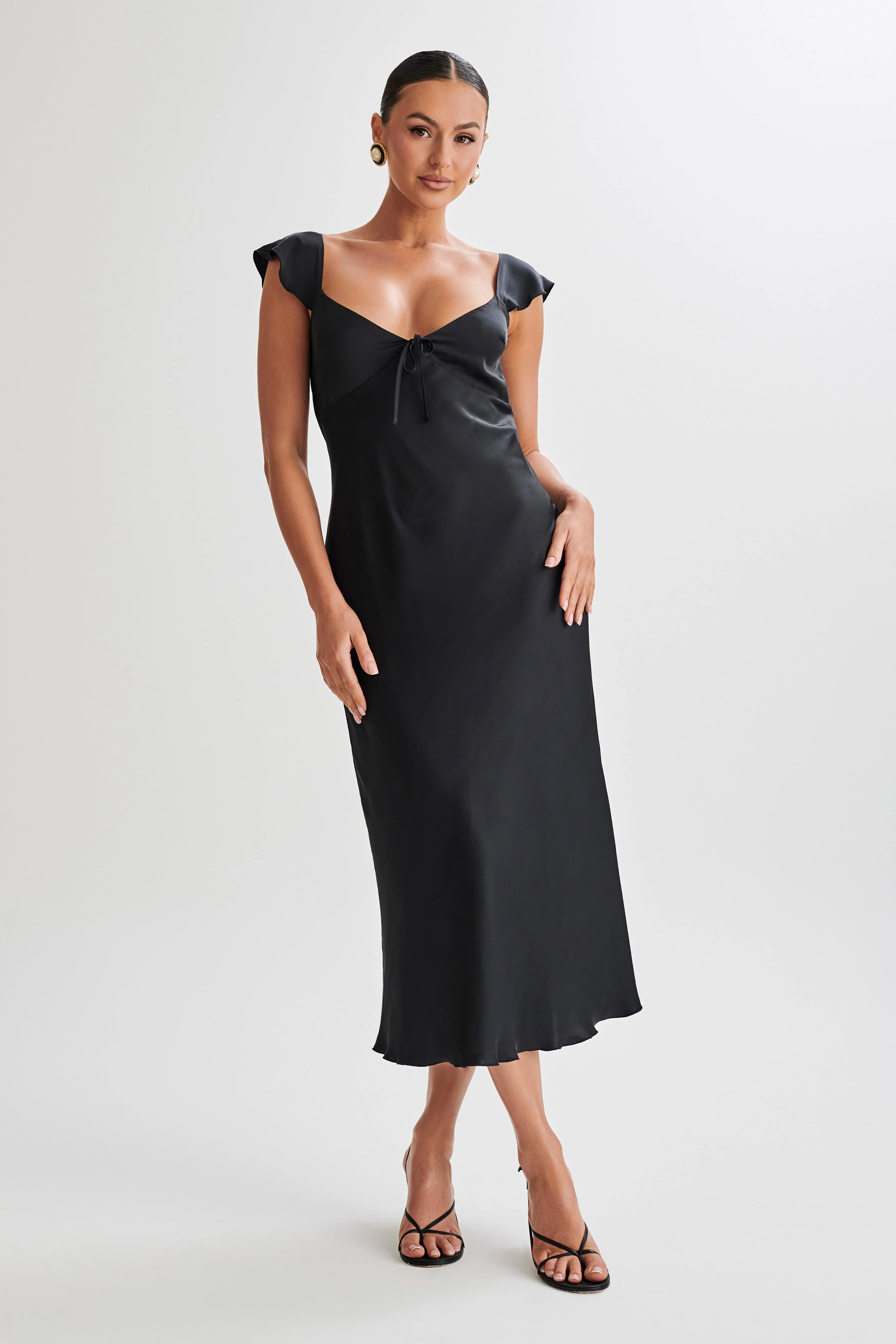 MESHKI Chantal Short Sleeve Satin Midi Dress - Black