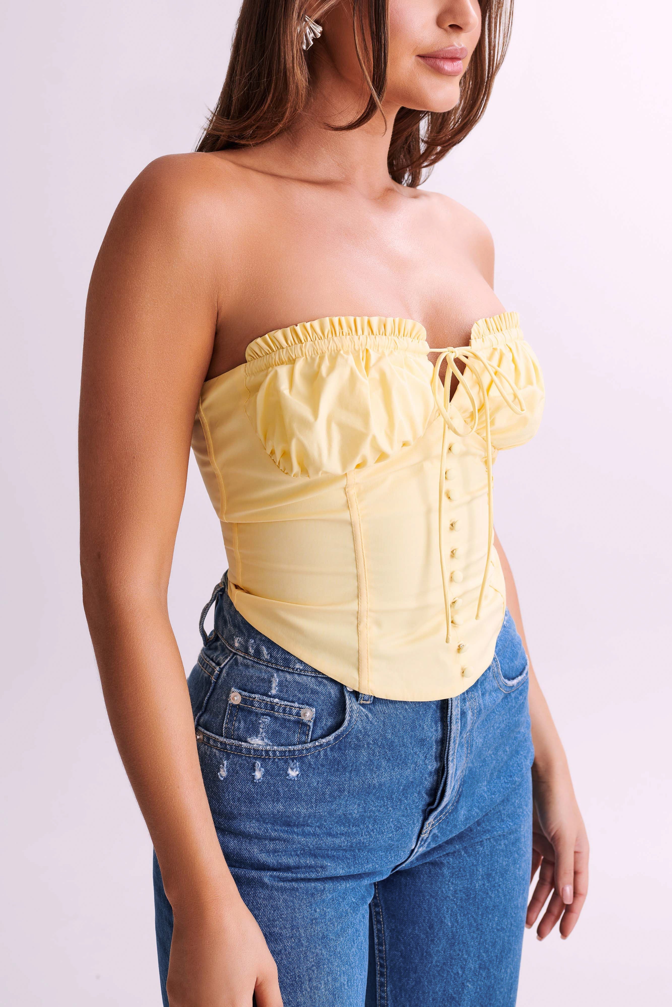MESHKI Embry Ruched Strapless Top - Lemon