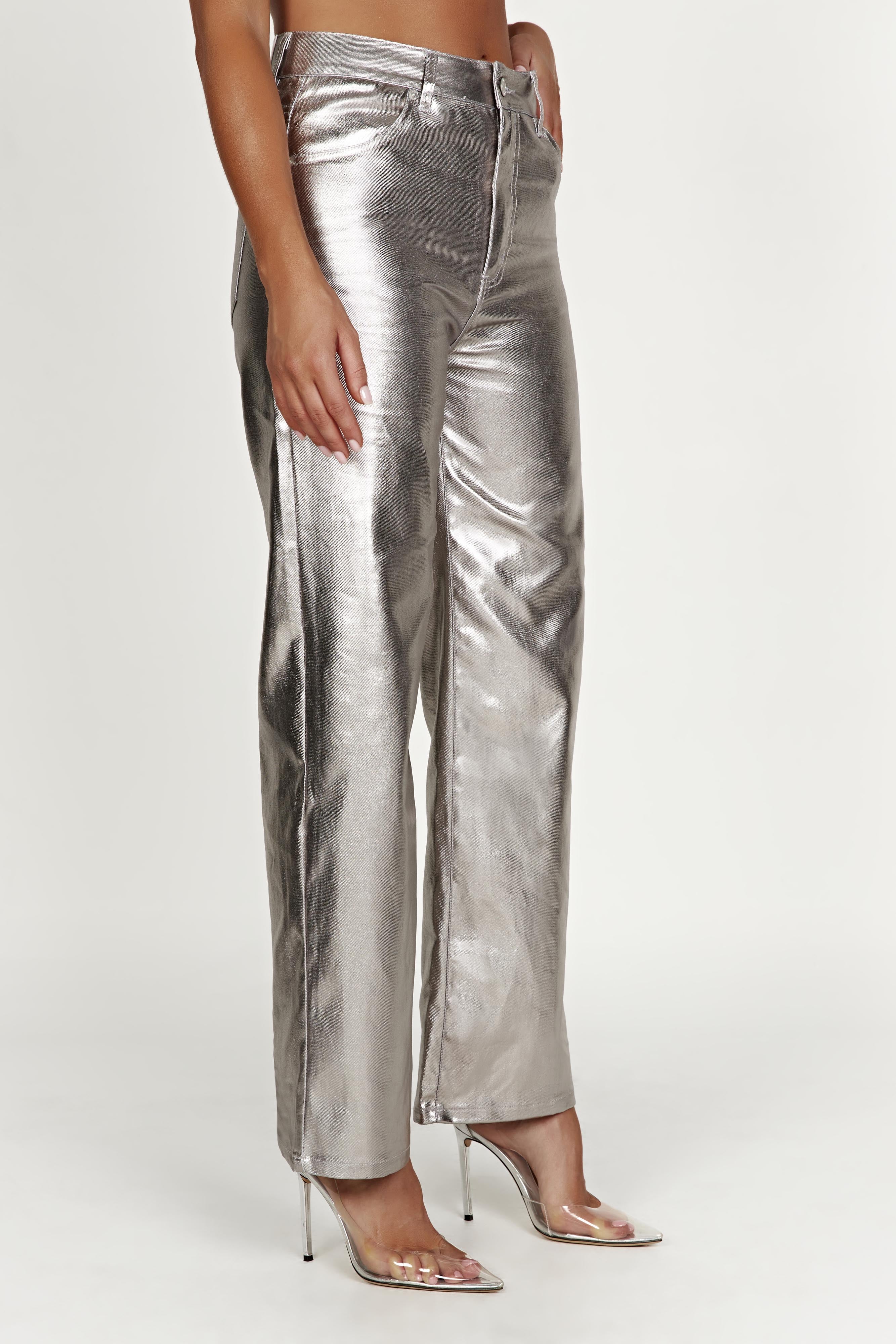 MESHKI Minnie Metallic Straight Jean - Silver