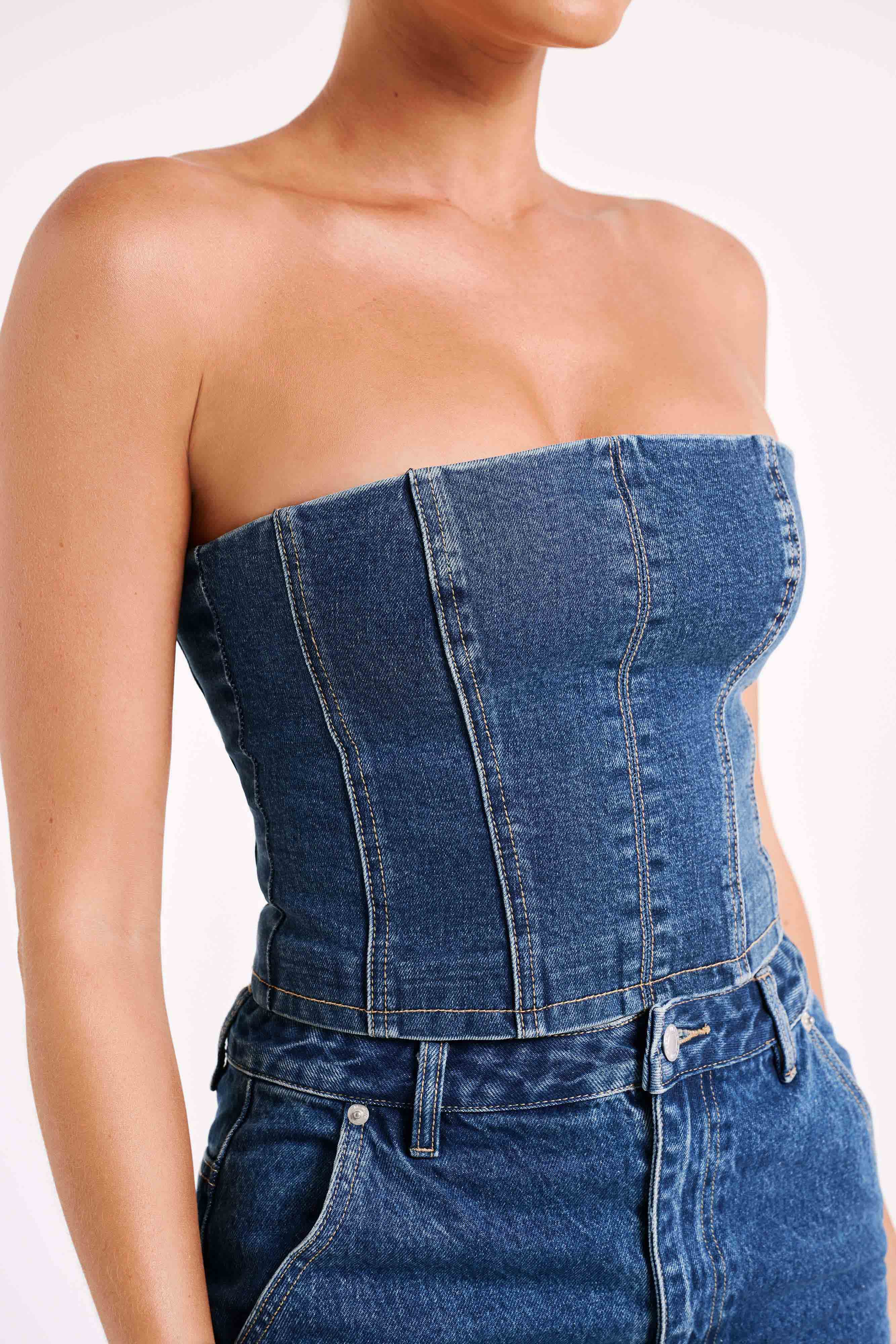 MESHKI Jordana Denim Tube Top - Dark Blue