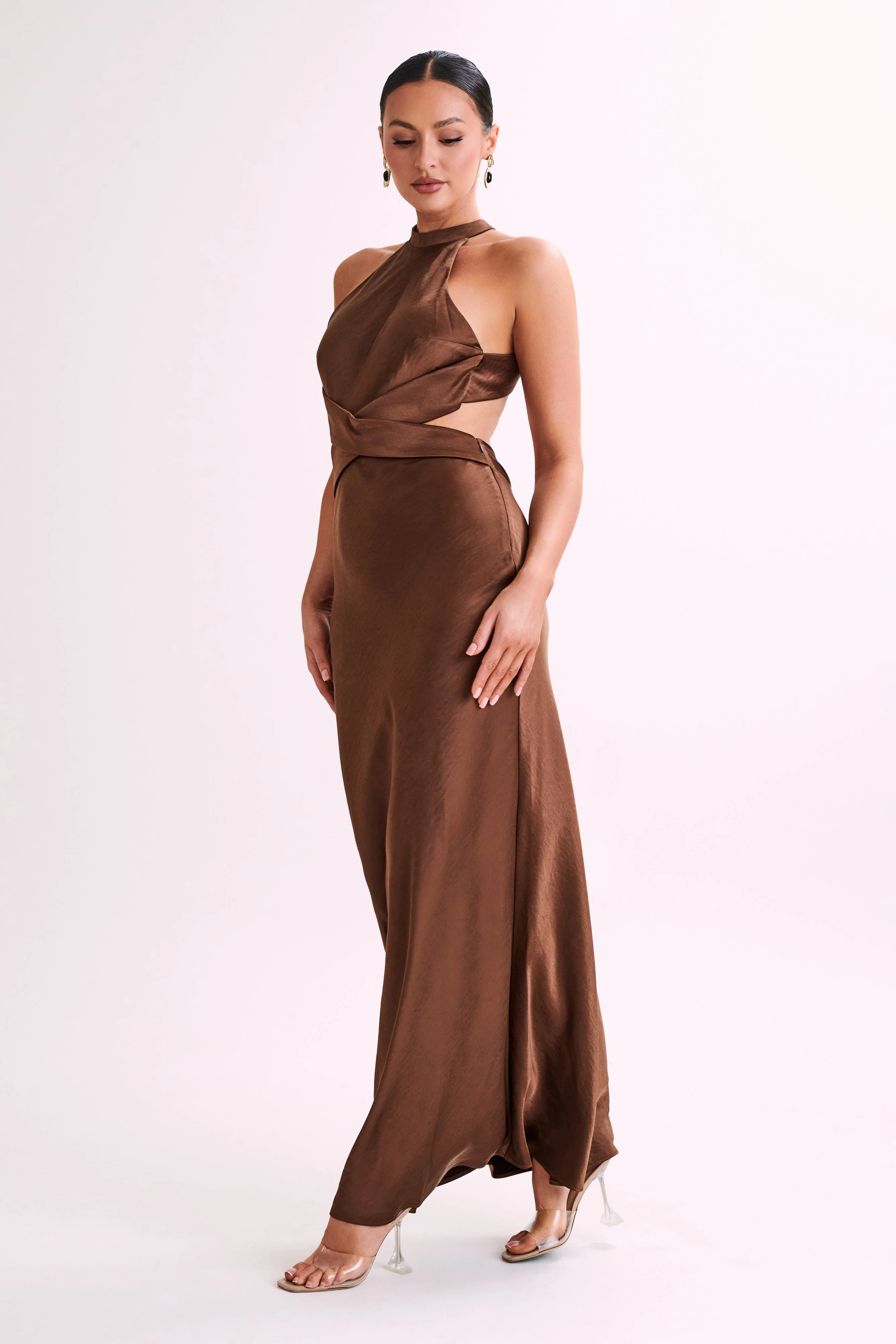 MESHKI Nalani Satin Halter Maxi Dress - Chocolate