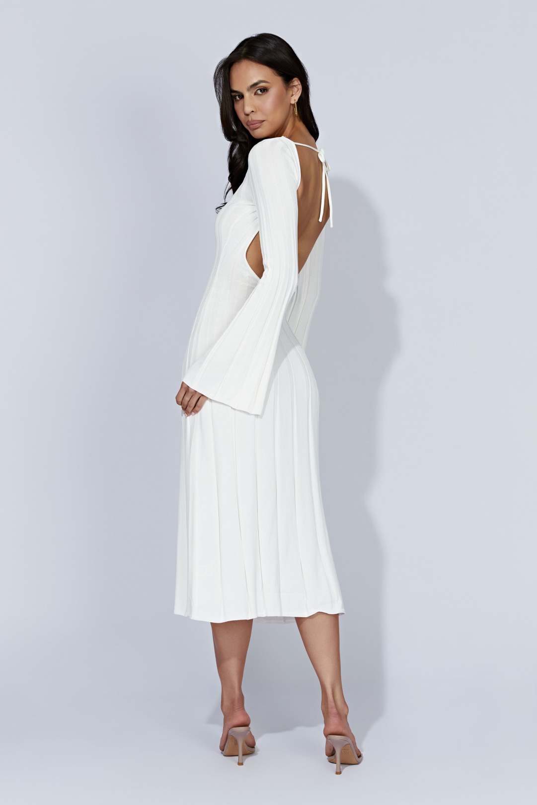 MESHKI Juniper Flare Sleeve Knit Midi Dress - White - nearly-newlywed