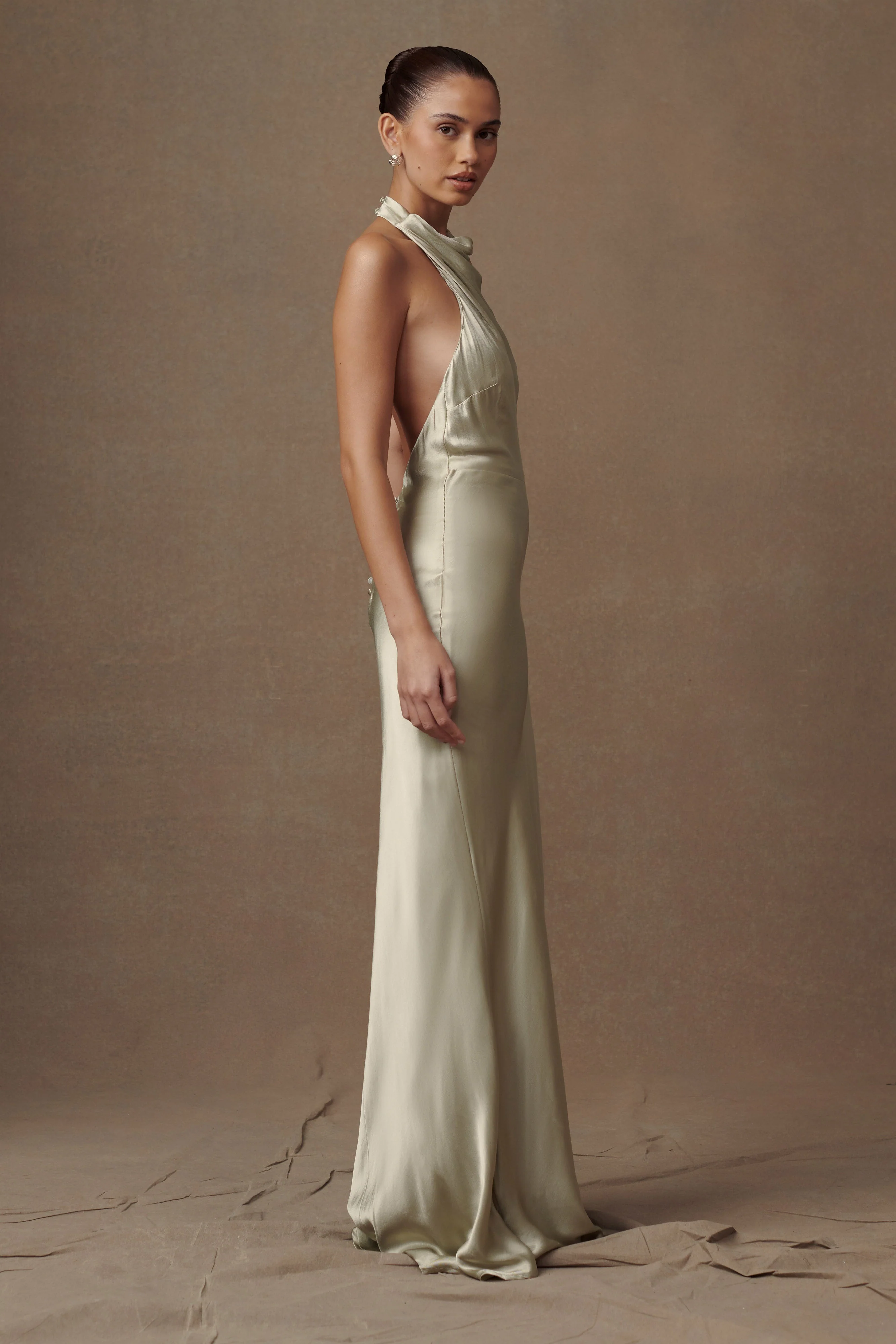 MESHKI Esther Iridescent Satin Cowl Maxi Dress - Sage