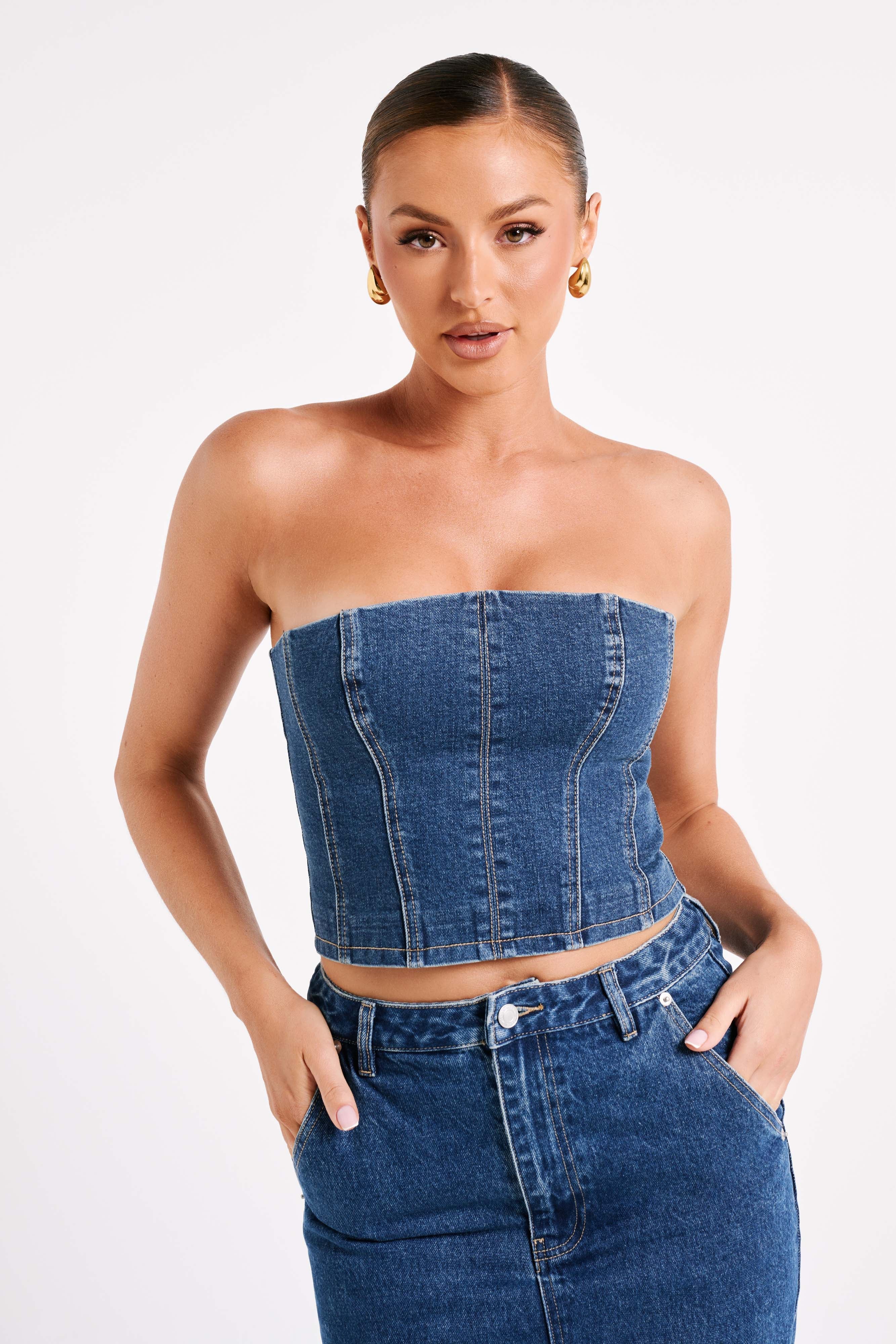 MESHKI Jordana Denim Tube Top - Dark Blue