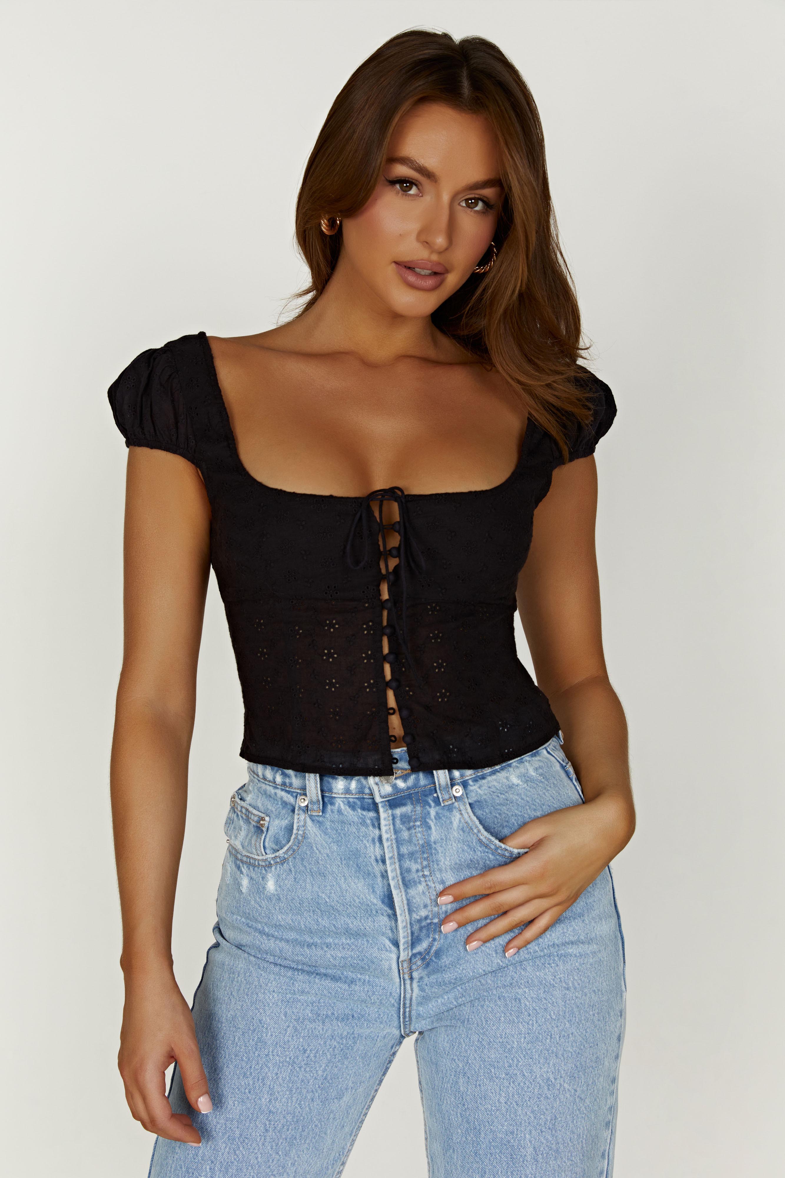 MESHKI Cressida Cotton Anglaise Puff Sleeve Top - Black