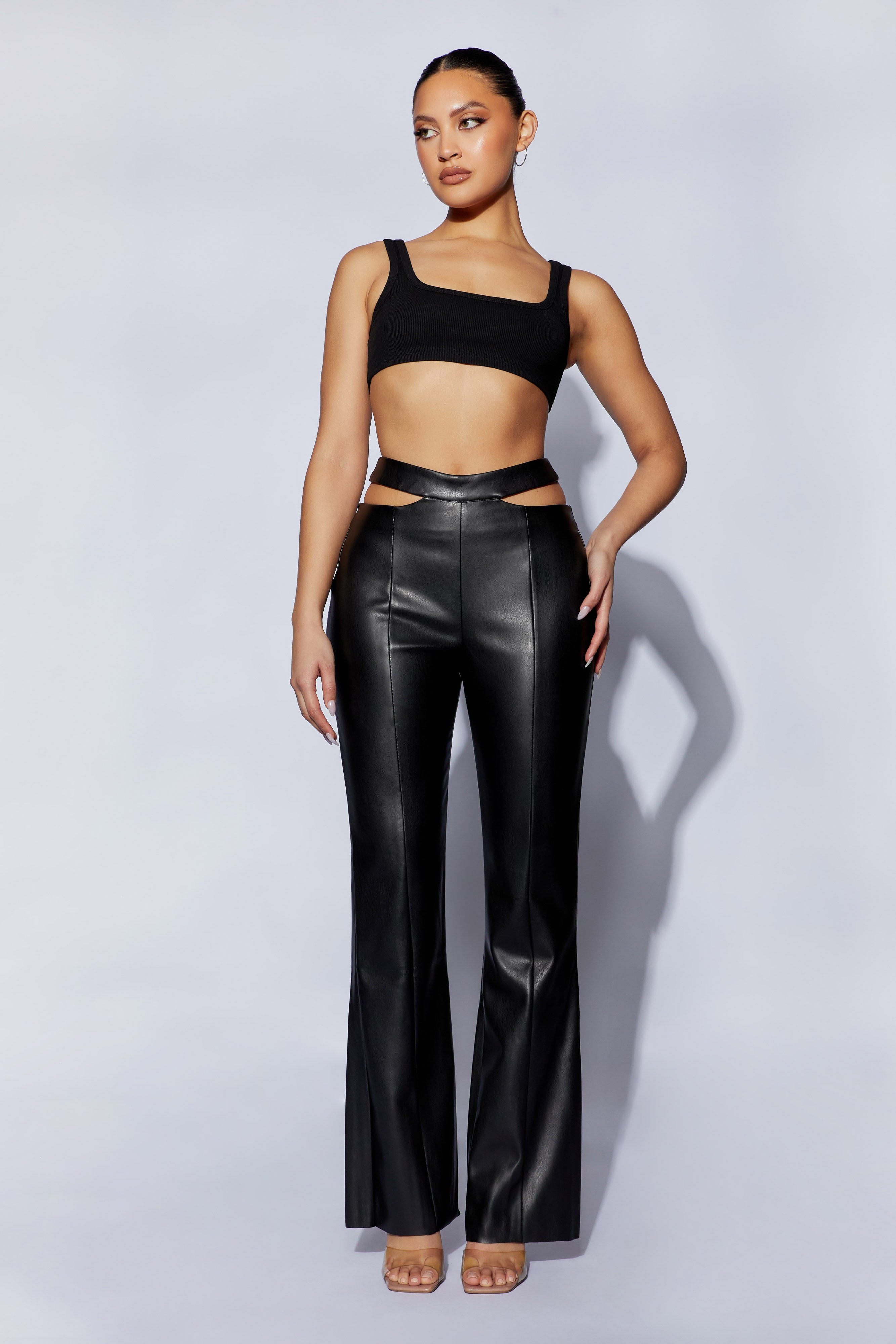 MESHKI Callie Faux Leather Cut Out Side Straight Leg Pant - Black