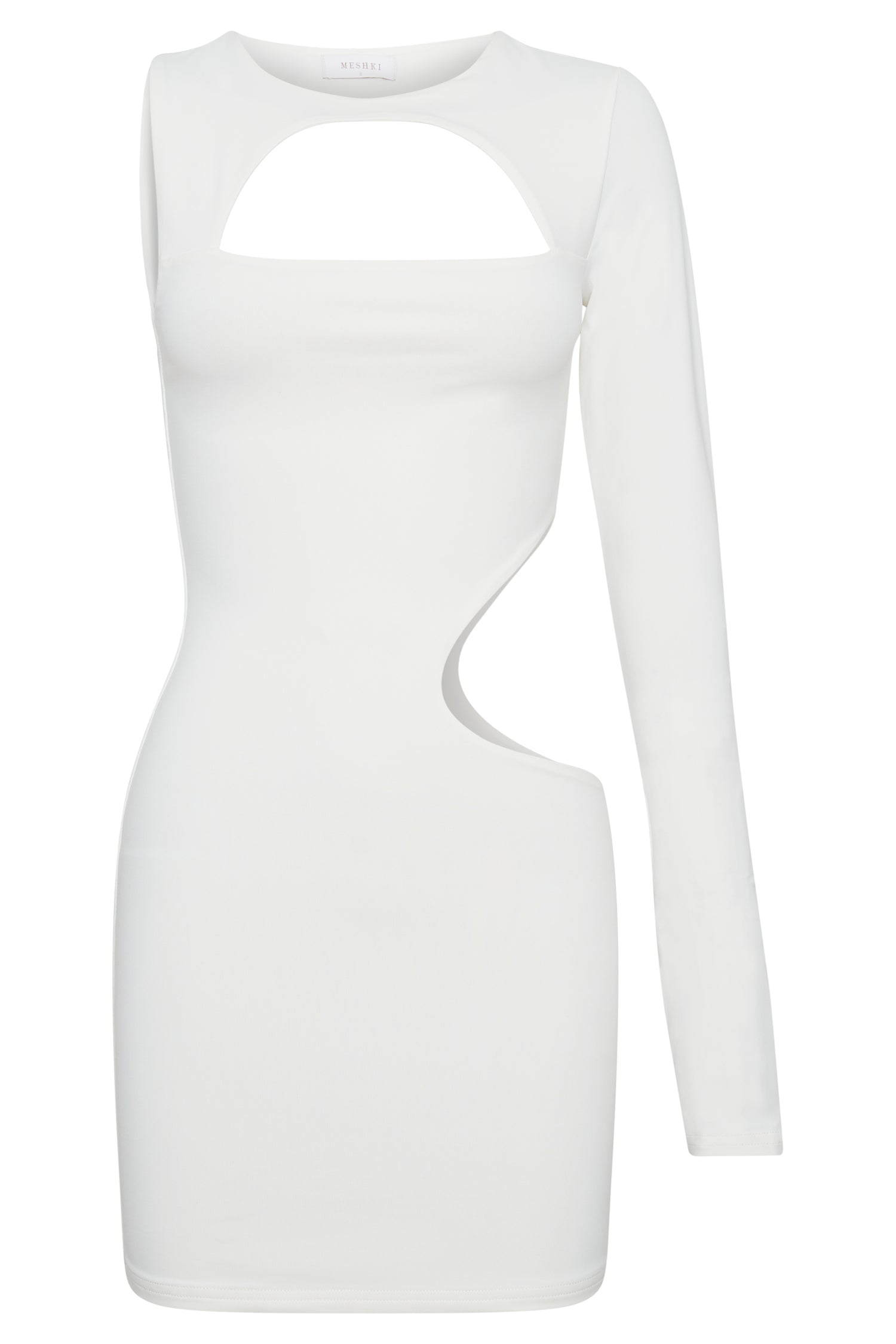 MESHKI Kat One Shoulder Glove Mini Dress With Cut Out - White