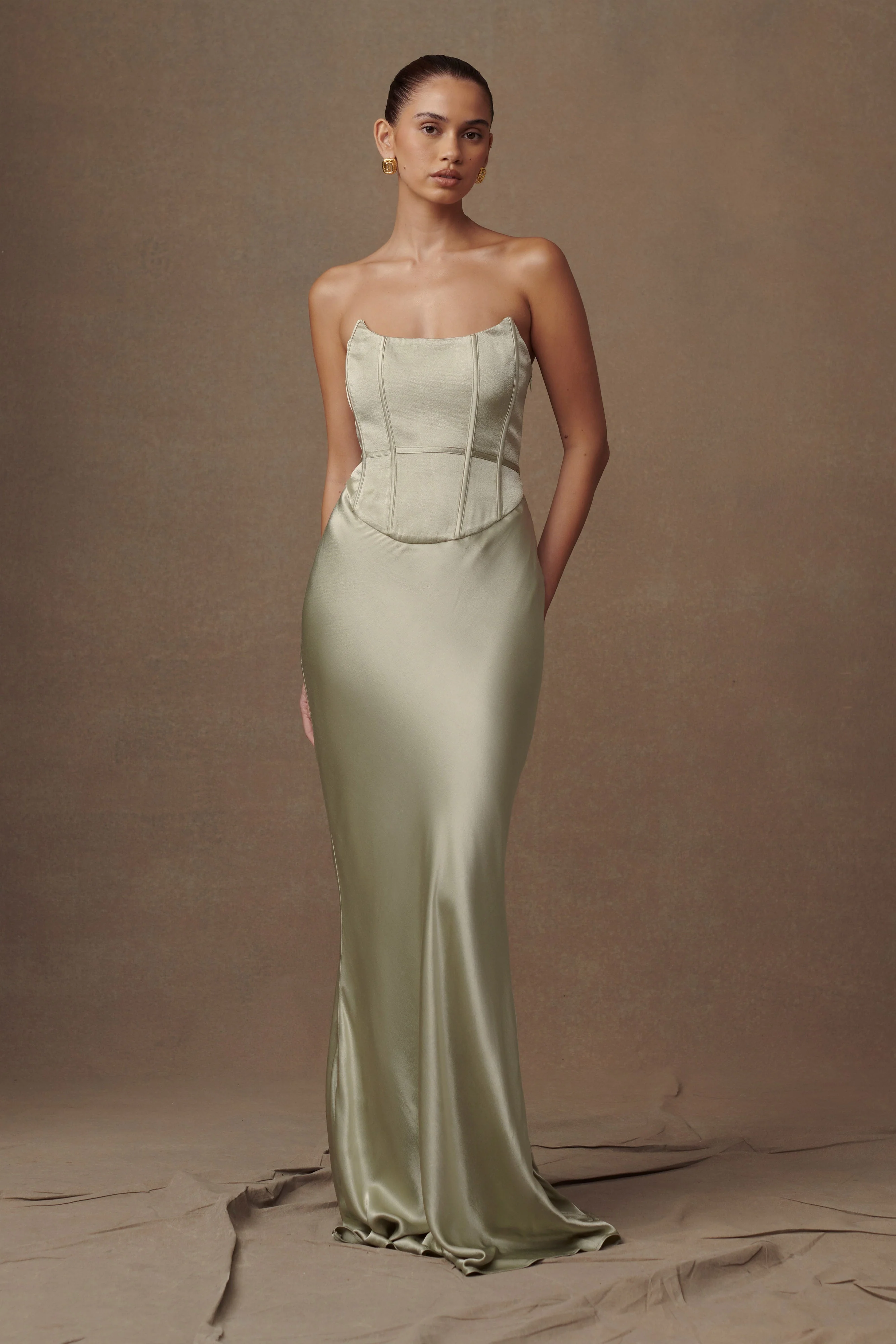 MESHKI Harlow Satin Strapless Maxi Dress - Sage