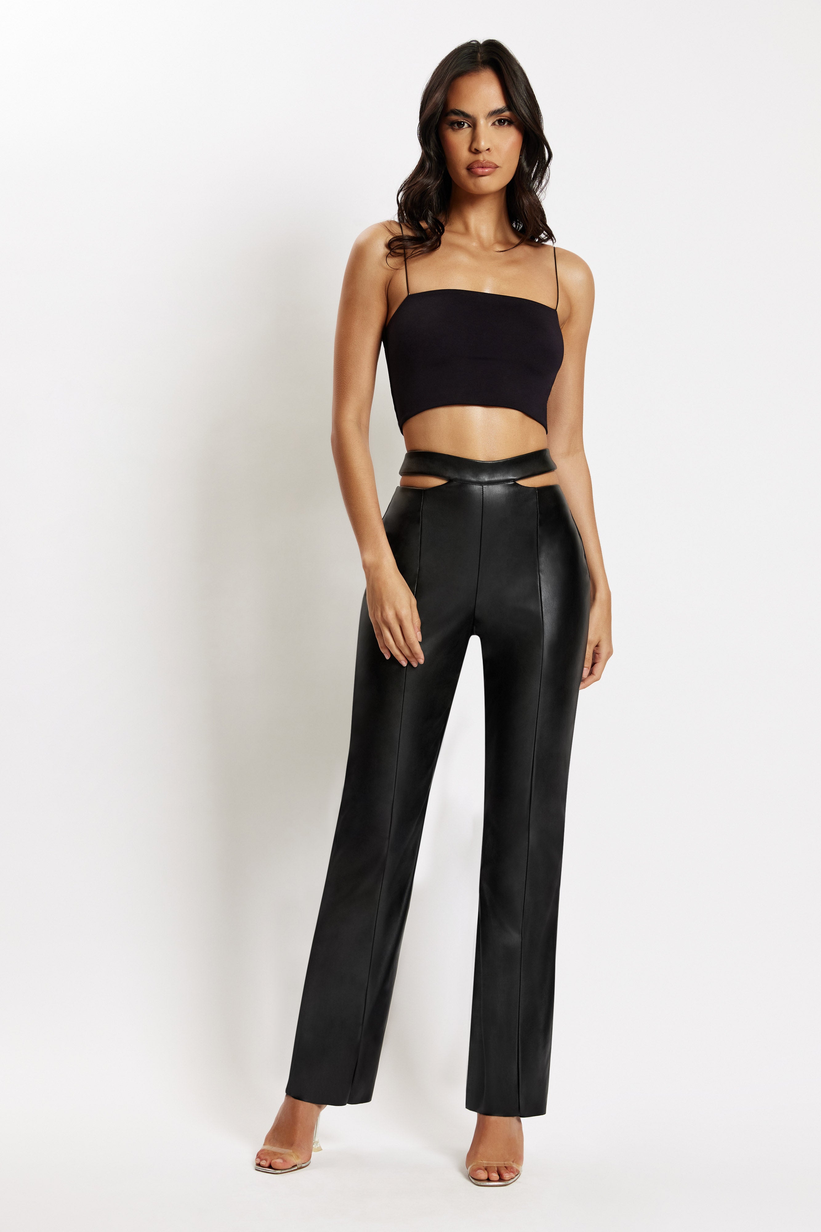 MESHKI Callie Faux Leather Cut Out Side Straight Leg Pant - Black