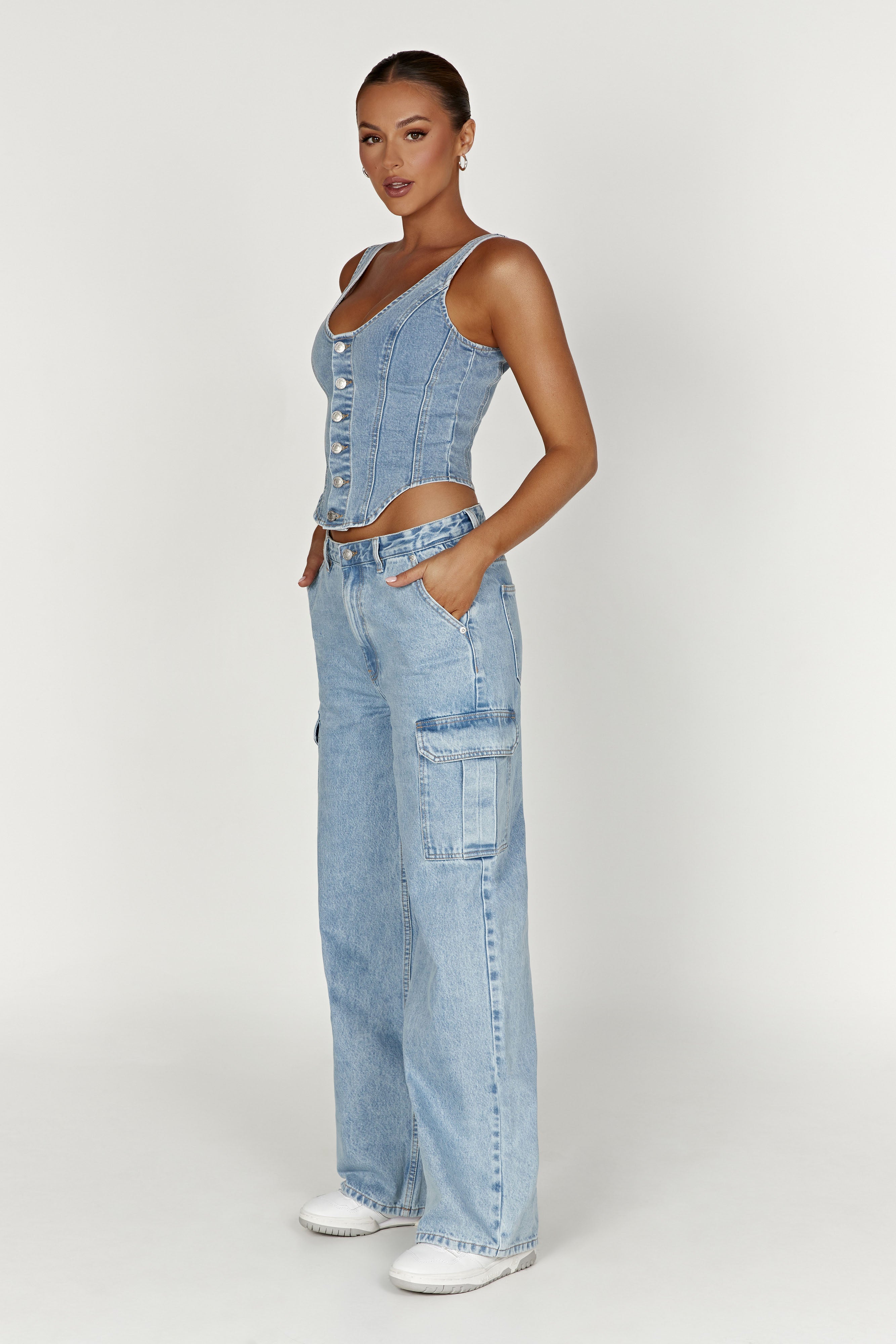 MESHKI Leilani Corset Denim Top - Mid Blue