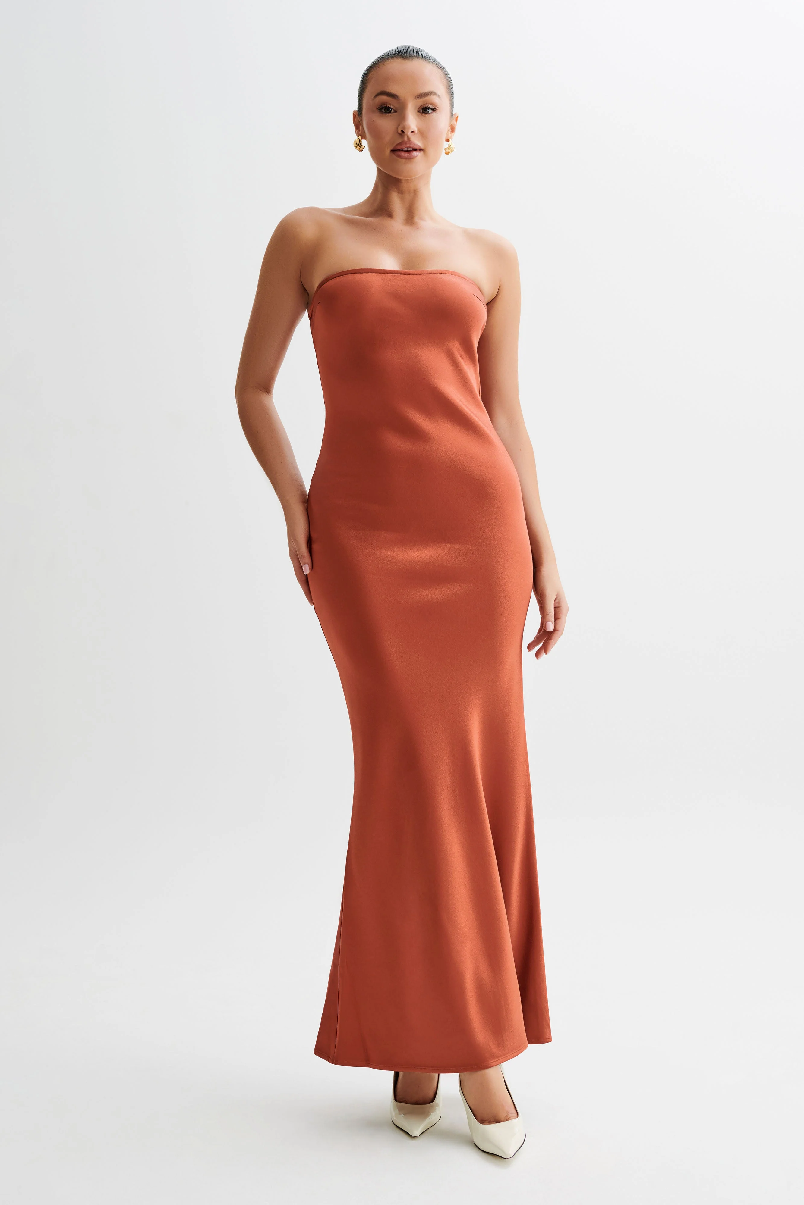 MESHKI Claudette Strapless Satin Maxi Dress - Burnt Orange